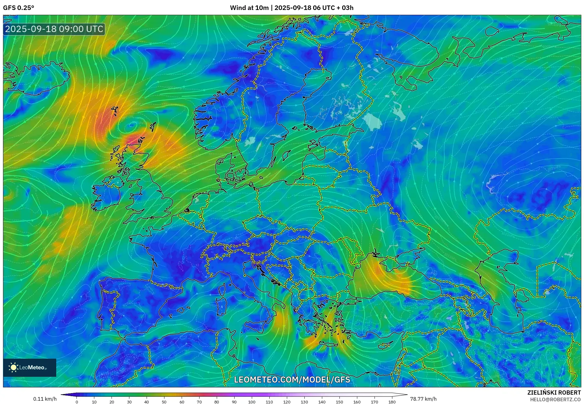 GFS model - Europe, Wind at 10m