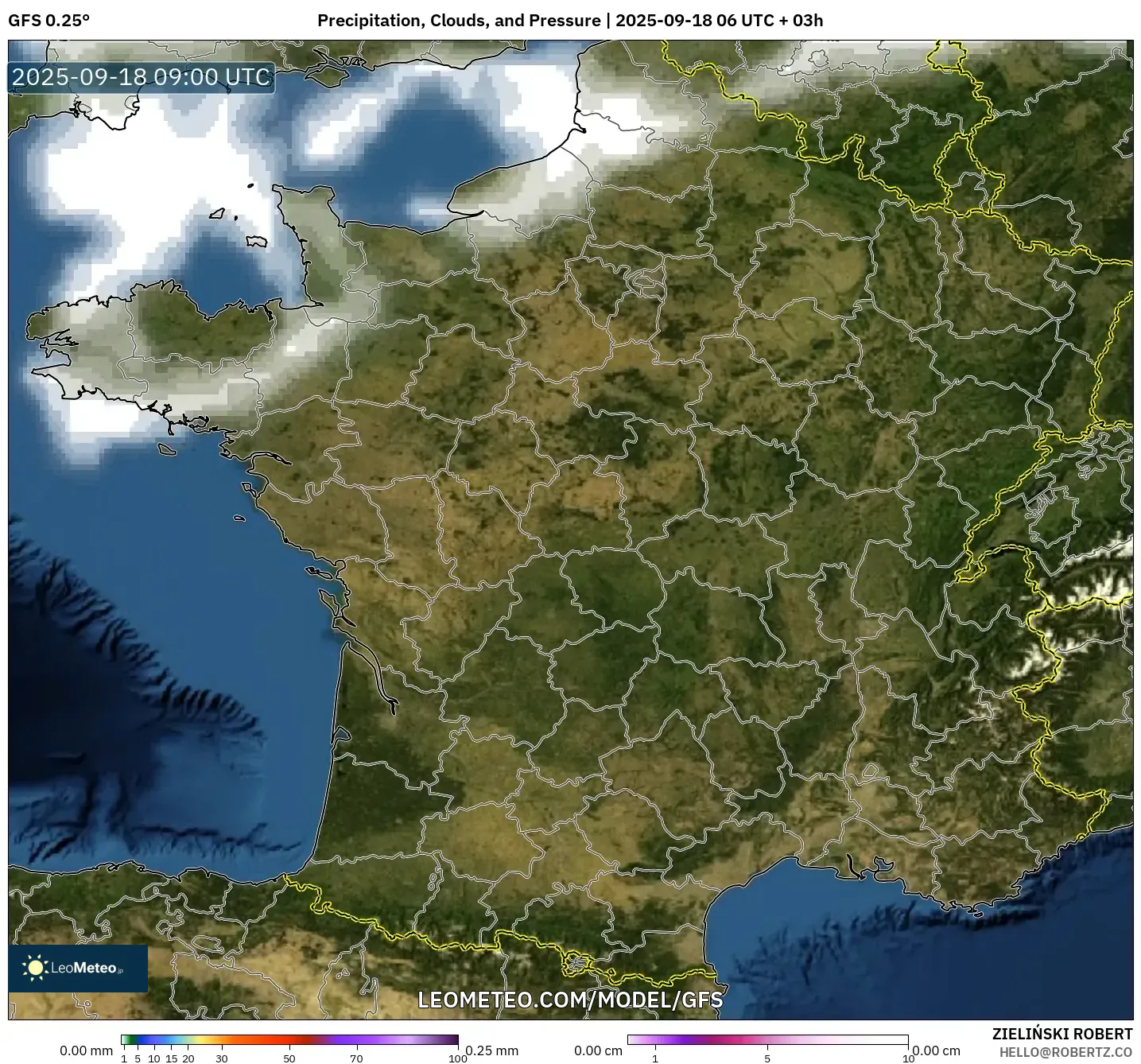 GFS model - France, Precipitation, Clouds, and Pressure