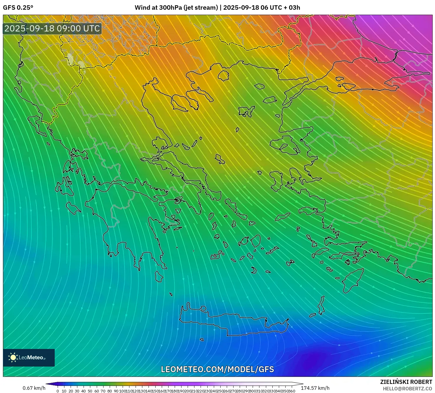 GFS model - Greece, Wind at 300hPa (jet stream)