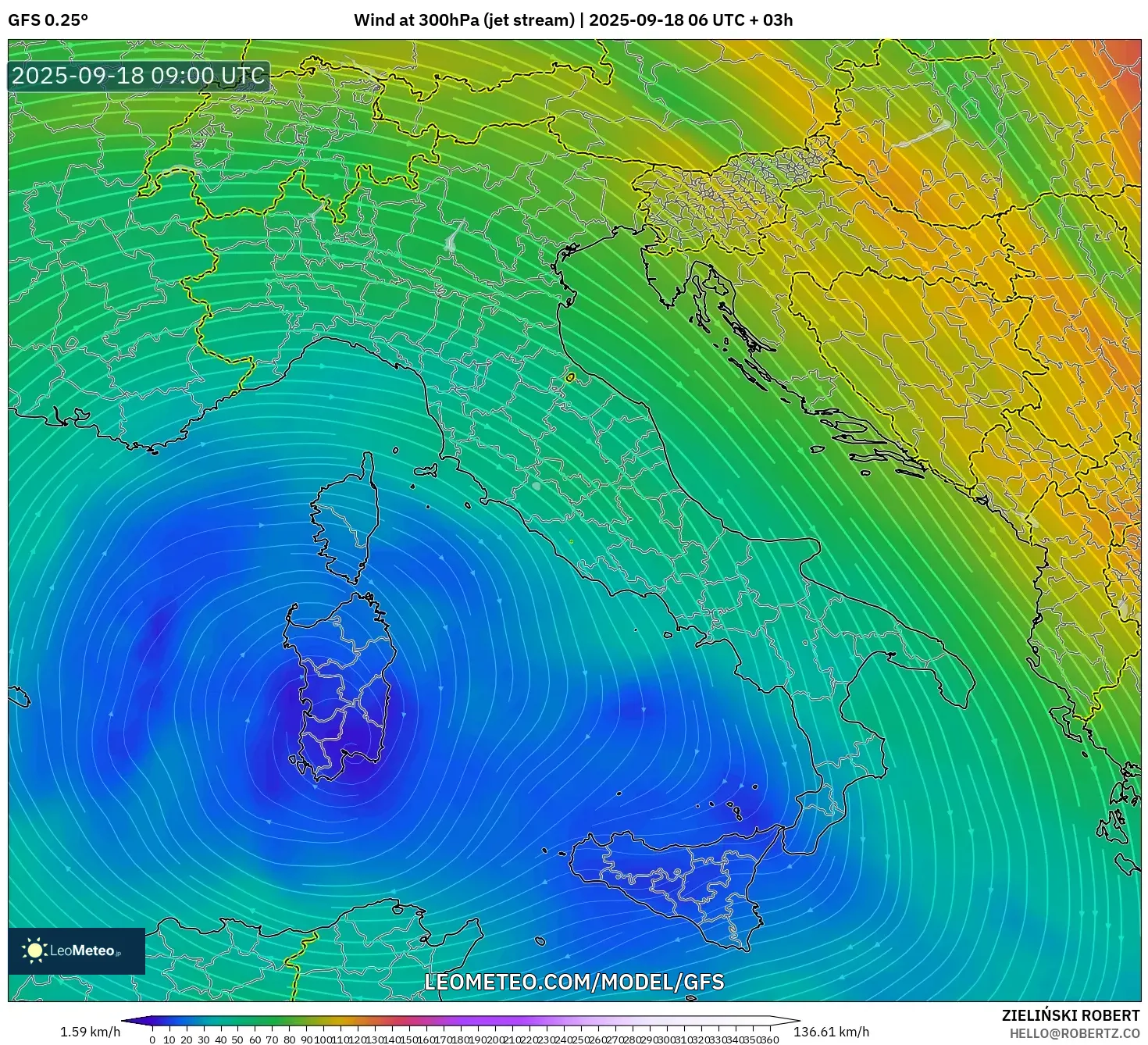 GFS model - Italy, Wind at 300hPa (jet stream)