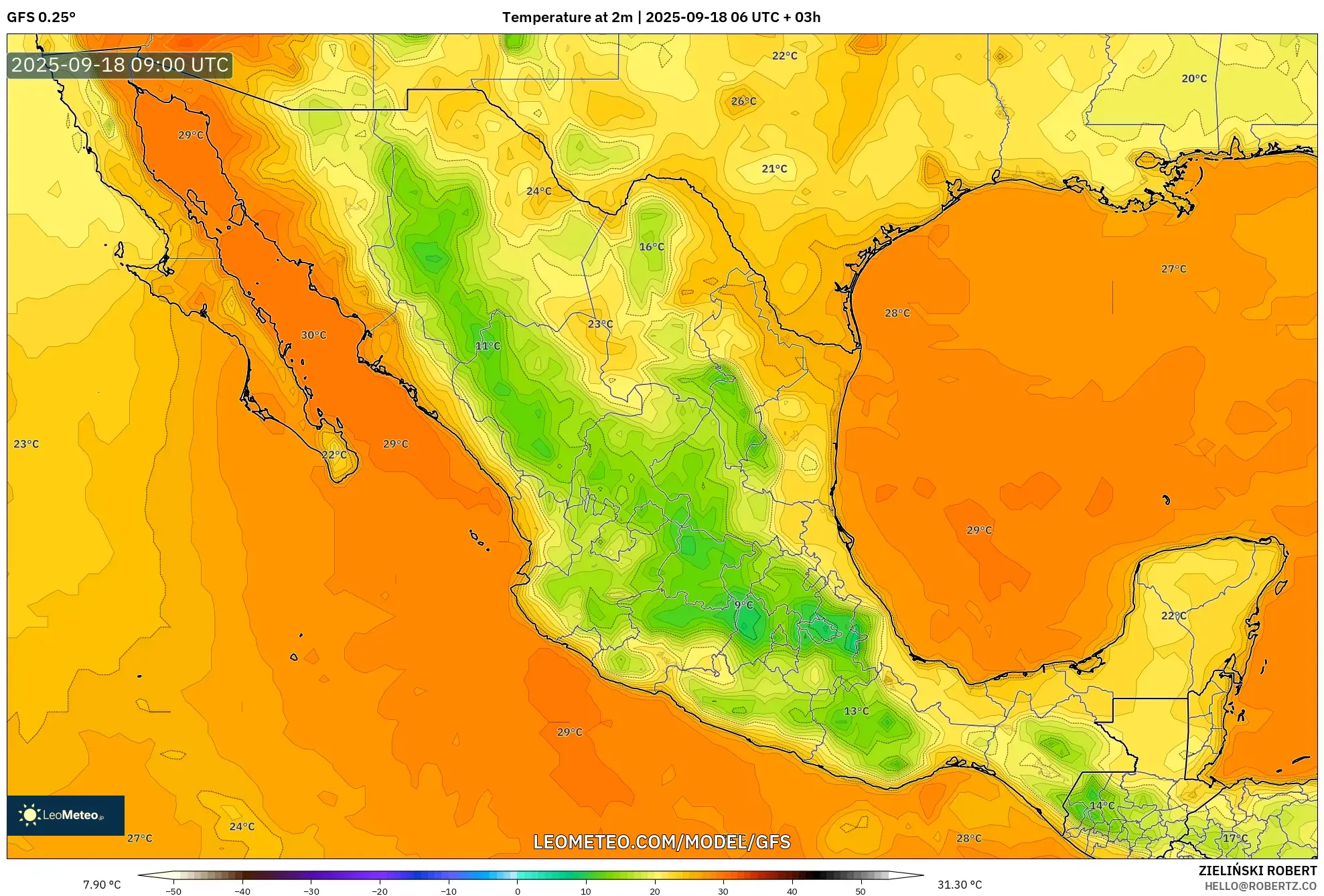 GFS model - Mexico, Temperature at 2m