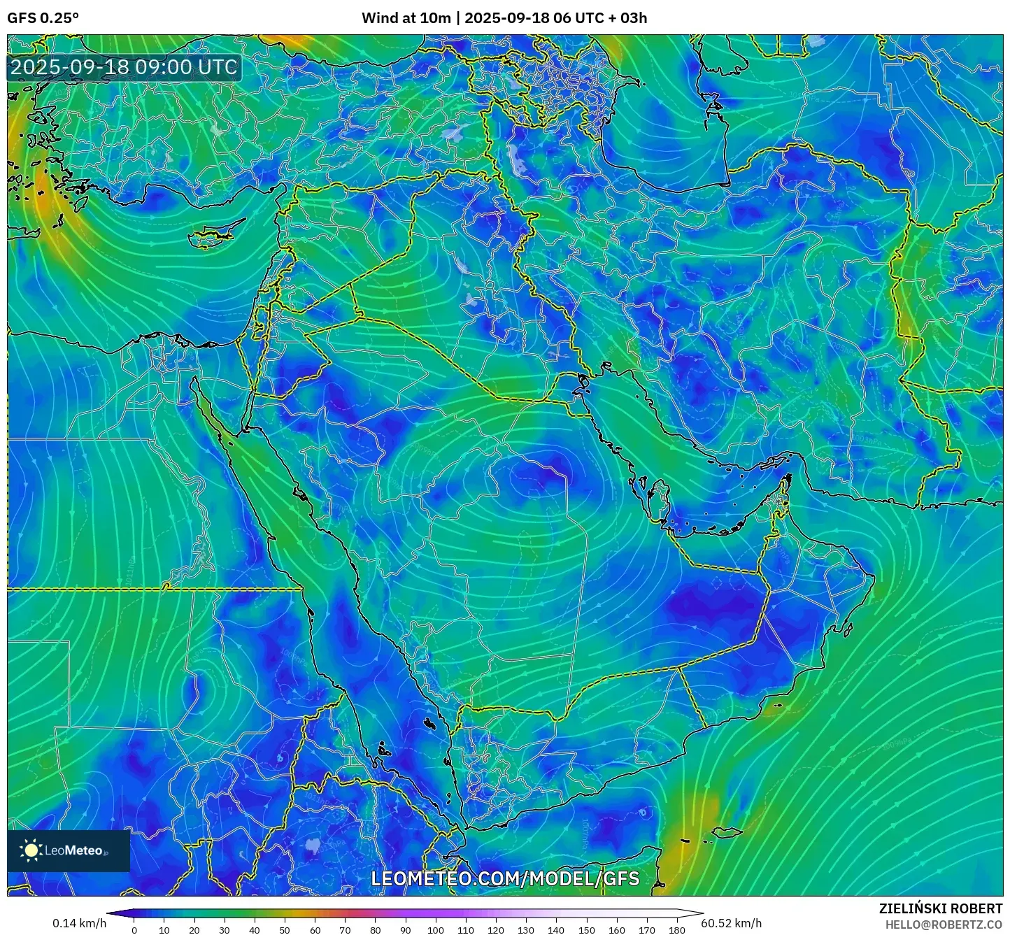 GFS model - Middle East, Wind at 10m