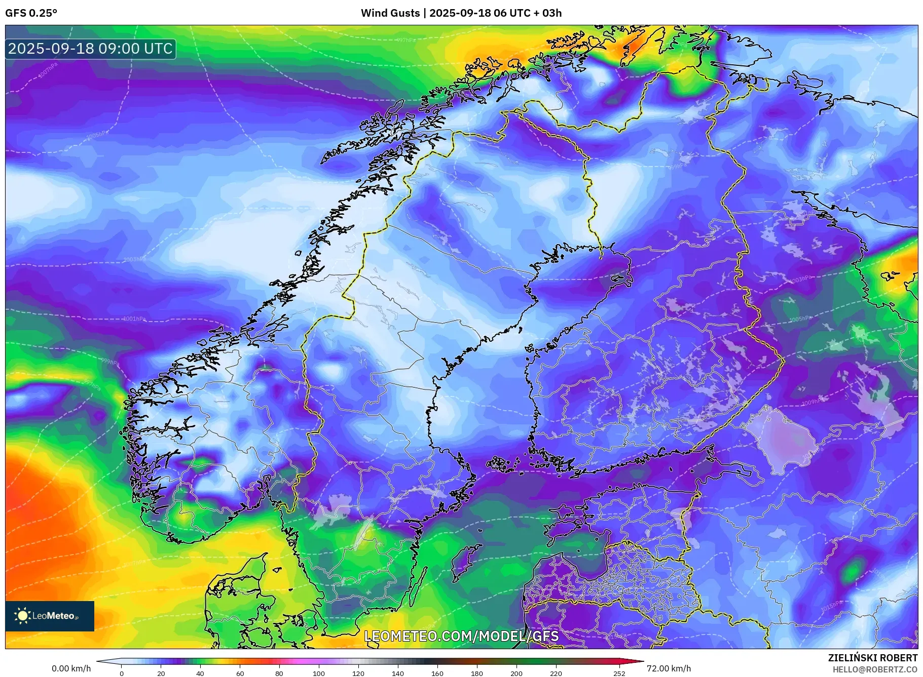 GFS model - Scandinavia, Wind Gusts