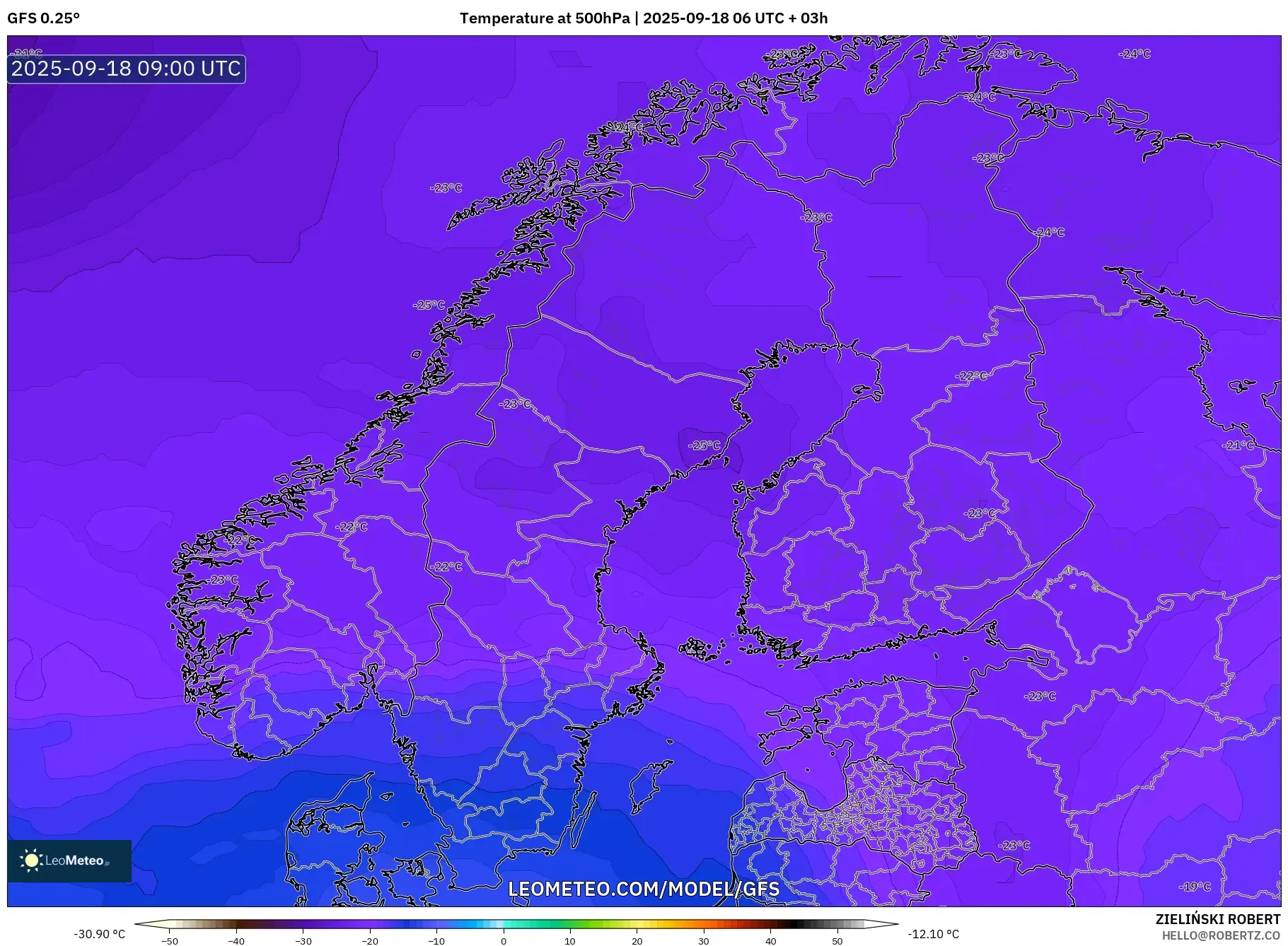 GFS model - Scandinavia, Temperature at 500hPa