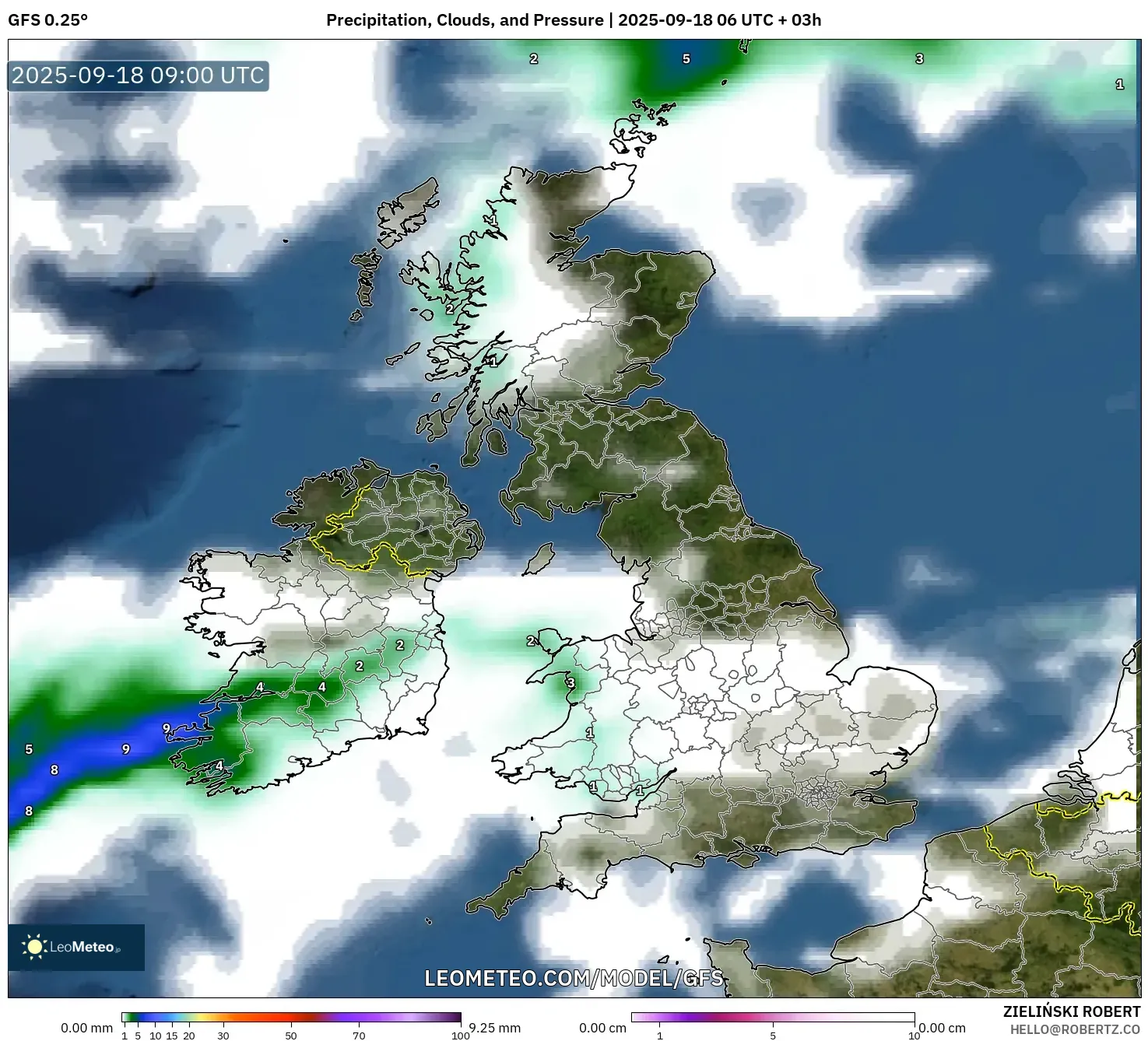 GFS model - United Kingdom, Precipitation, Clouds, and Pressure
