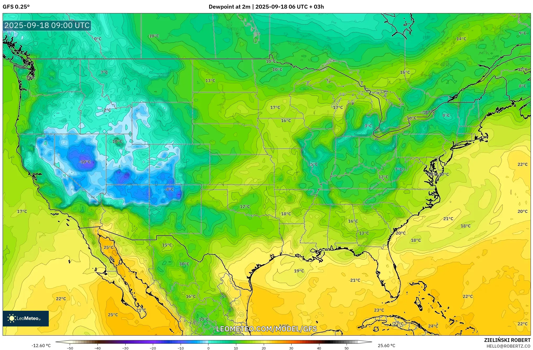 GFS model - United States, Dewpoint at 2m