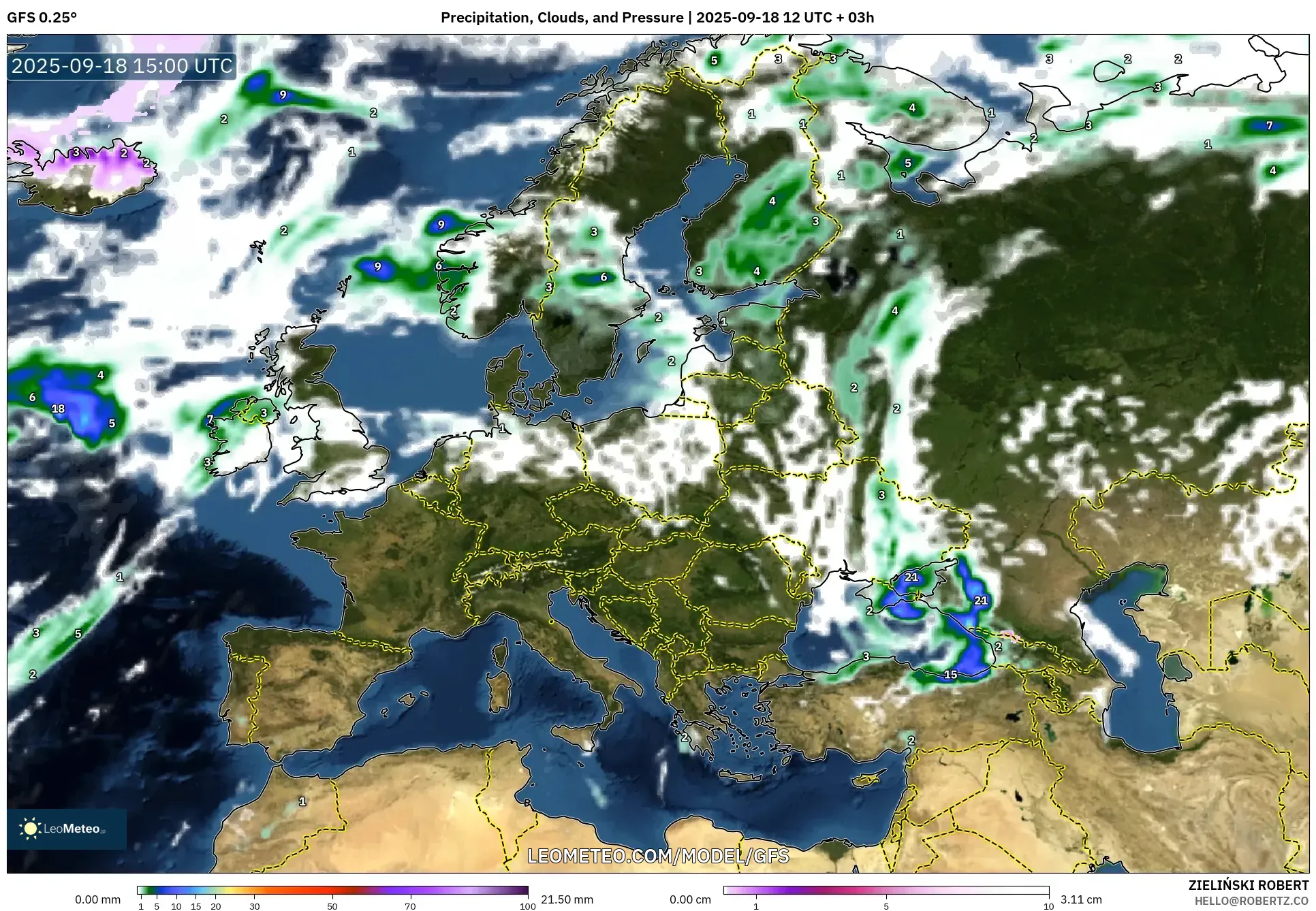 GFS model - Europe, Precipitation, Clouds, and Pressure