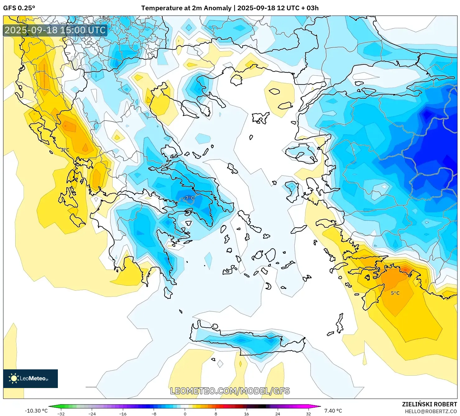 GFS model - Greece, Temperature at 2m Anomaly