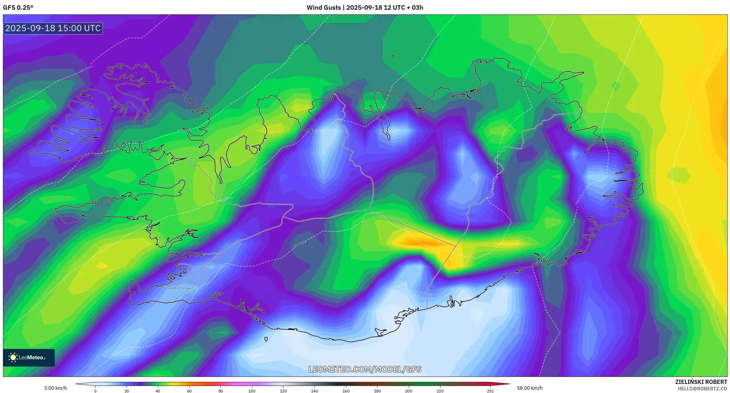 GFS model - Iceland, Wind Gusts