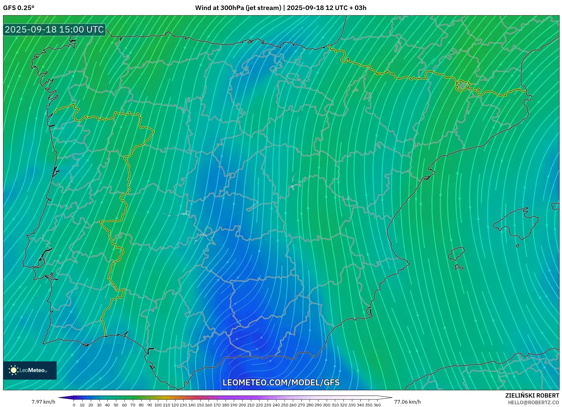 GFS model - Spain, Wind at 300hPa (jet stream)