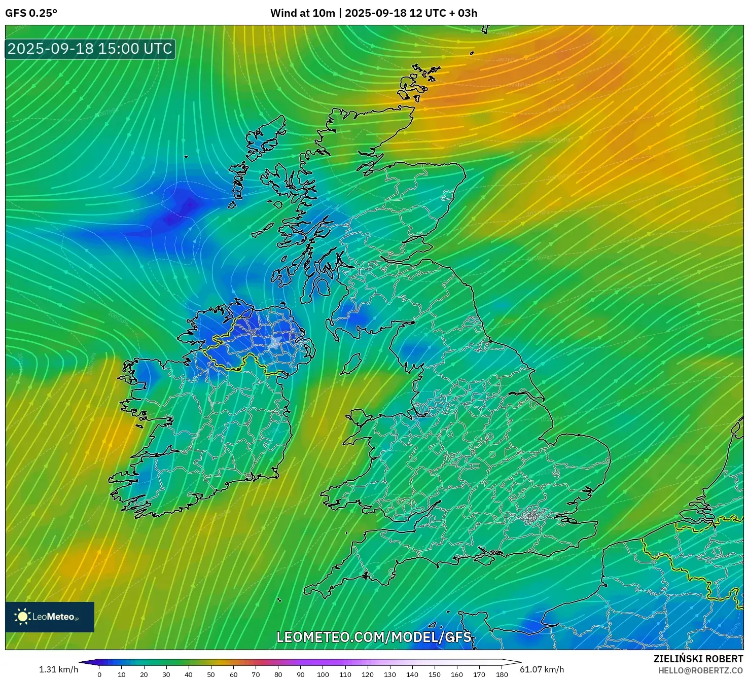 GFS model - United Kingdom, Wind at 10m
