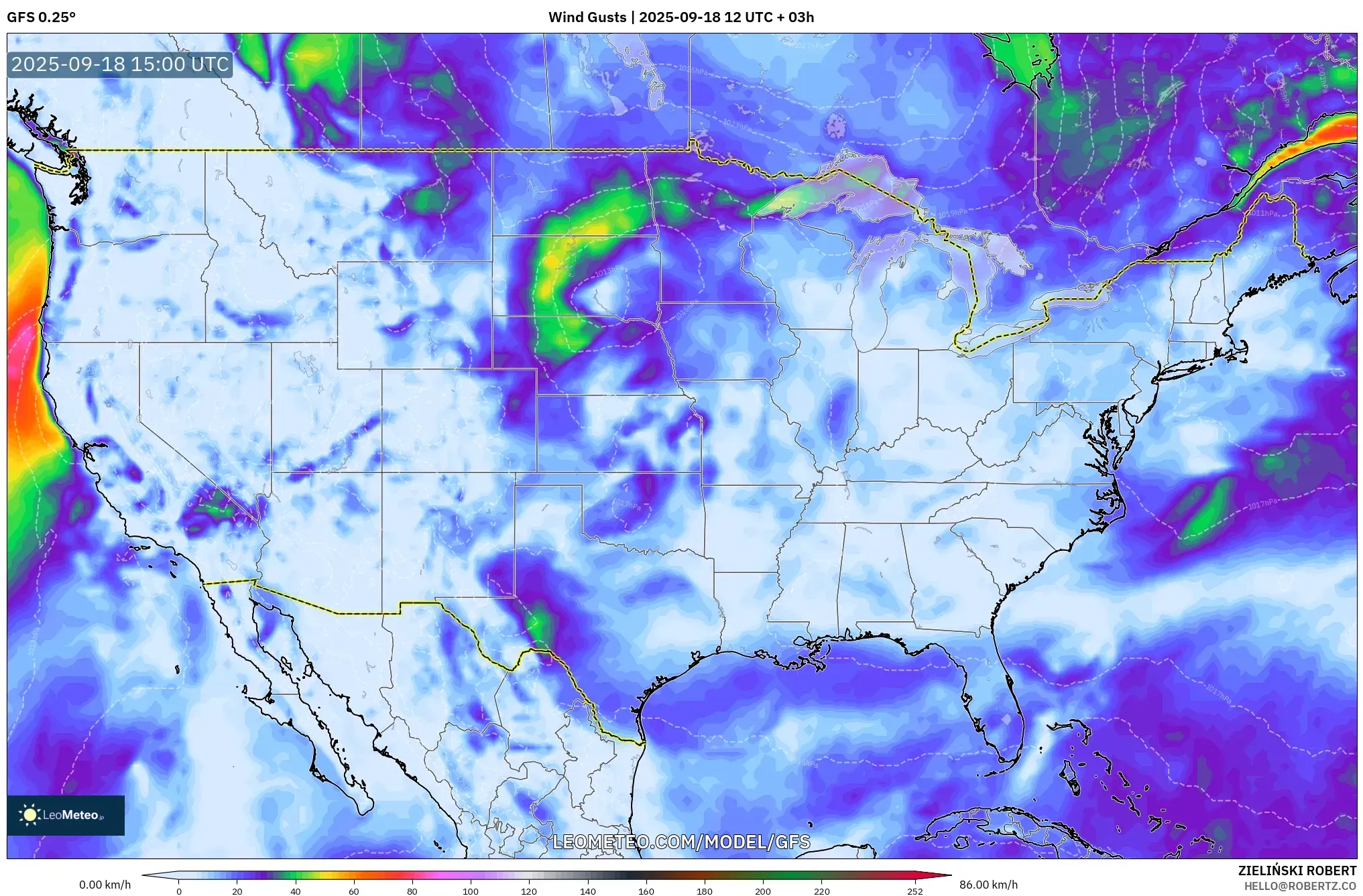 GFS model - United States, Wind Gusts