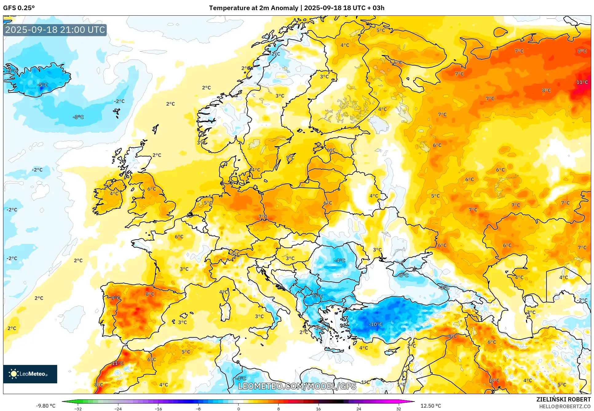 GFS model - Europe, Temperature at 2m Anomaly