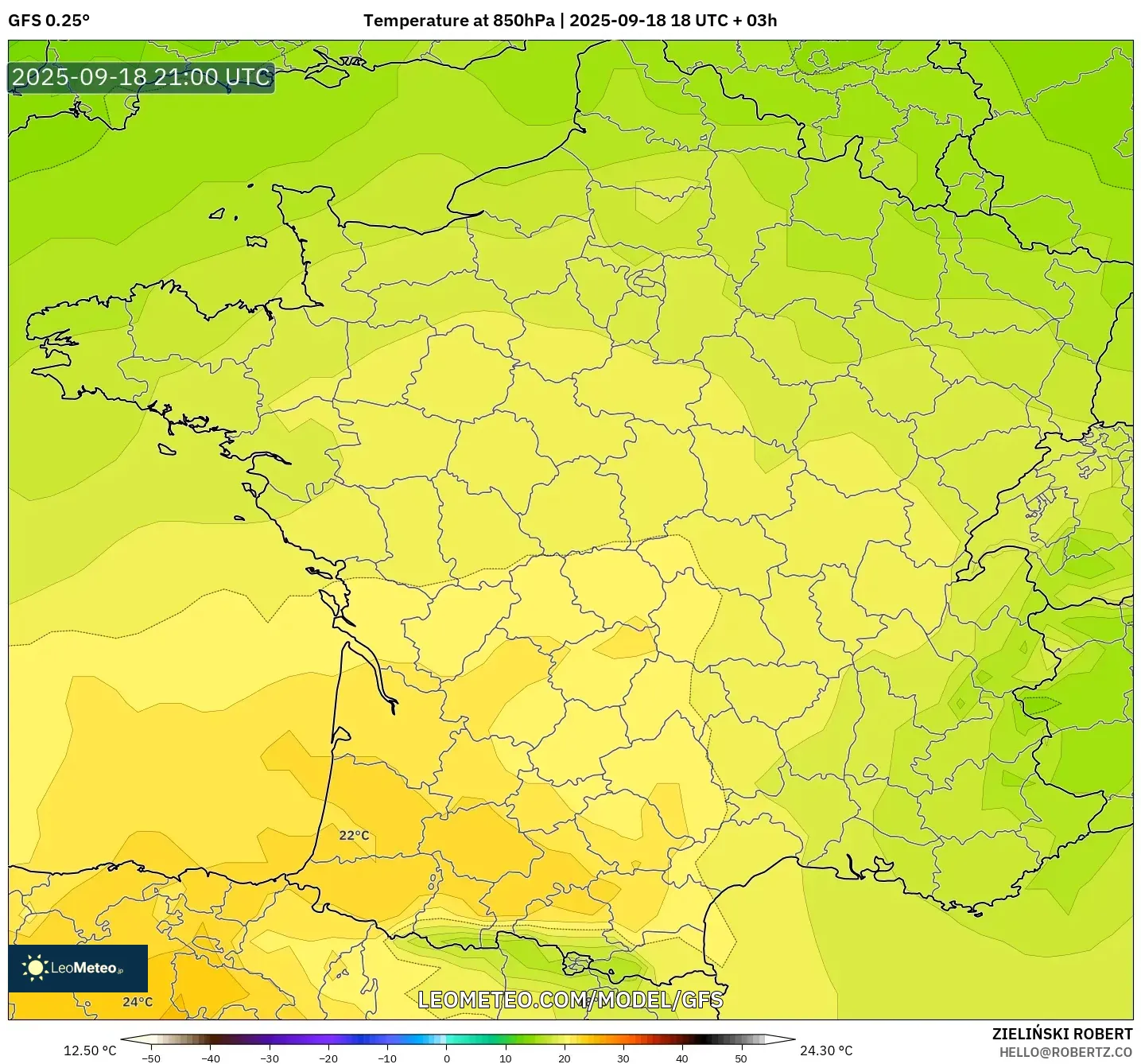 GFS model - France, Temperature at 850hPa