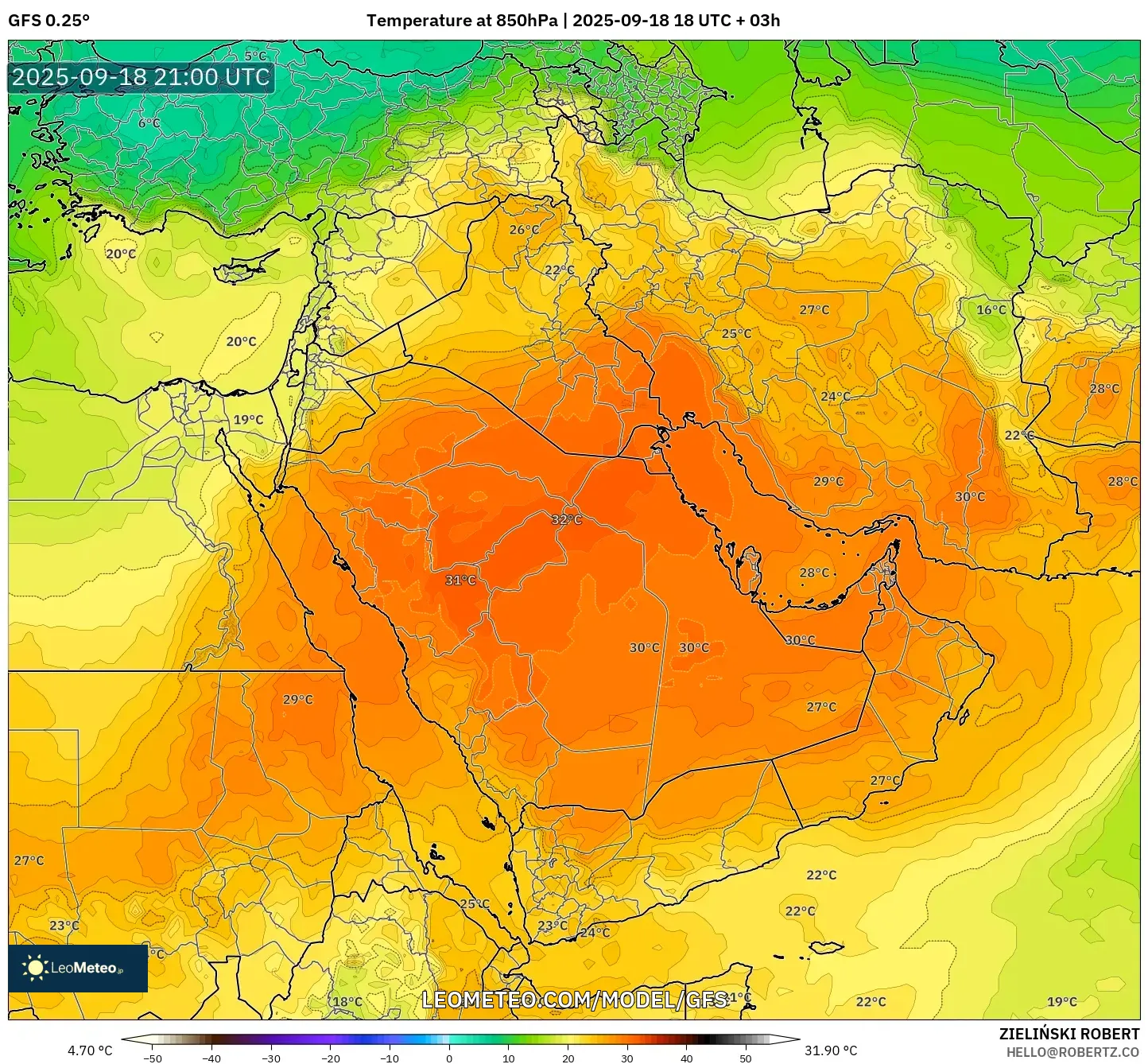 GFS model - Middle East, Temperature at 850hPa