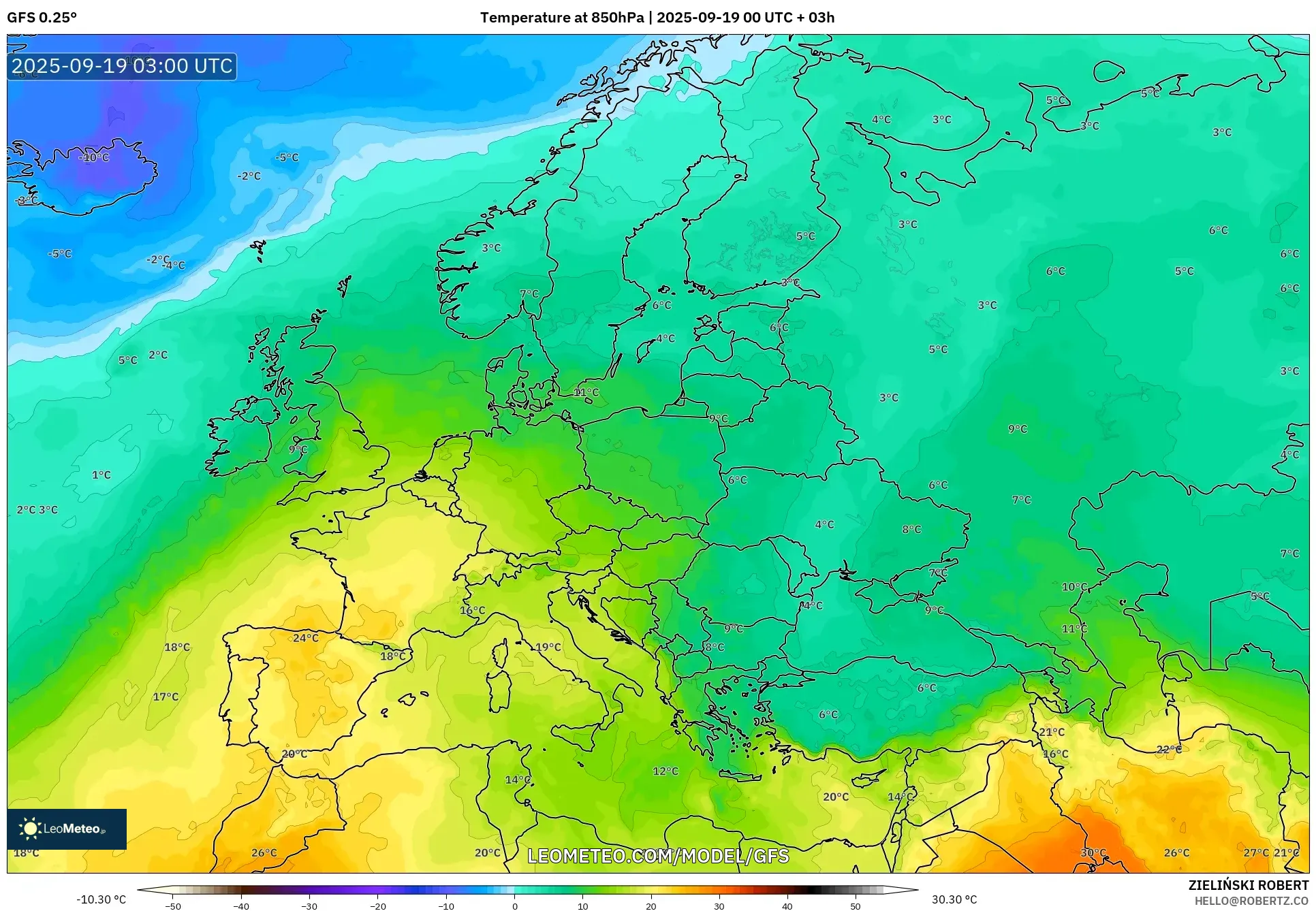GFS model - Europe, Temperature at 850hPa