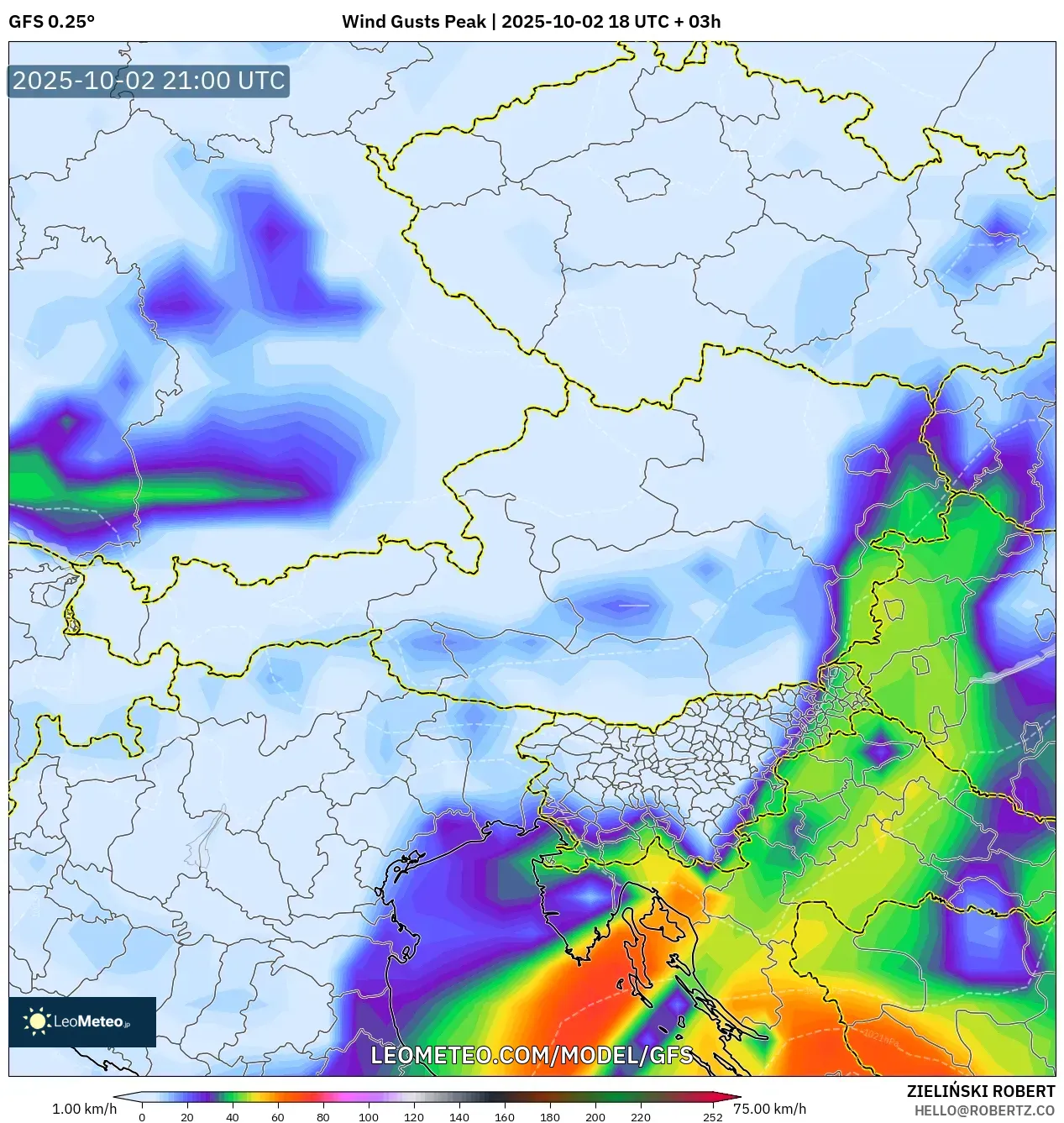 GFS model - Austria, Wind Gusts Peak