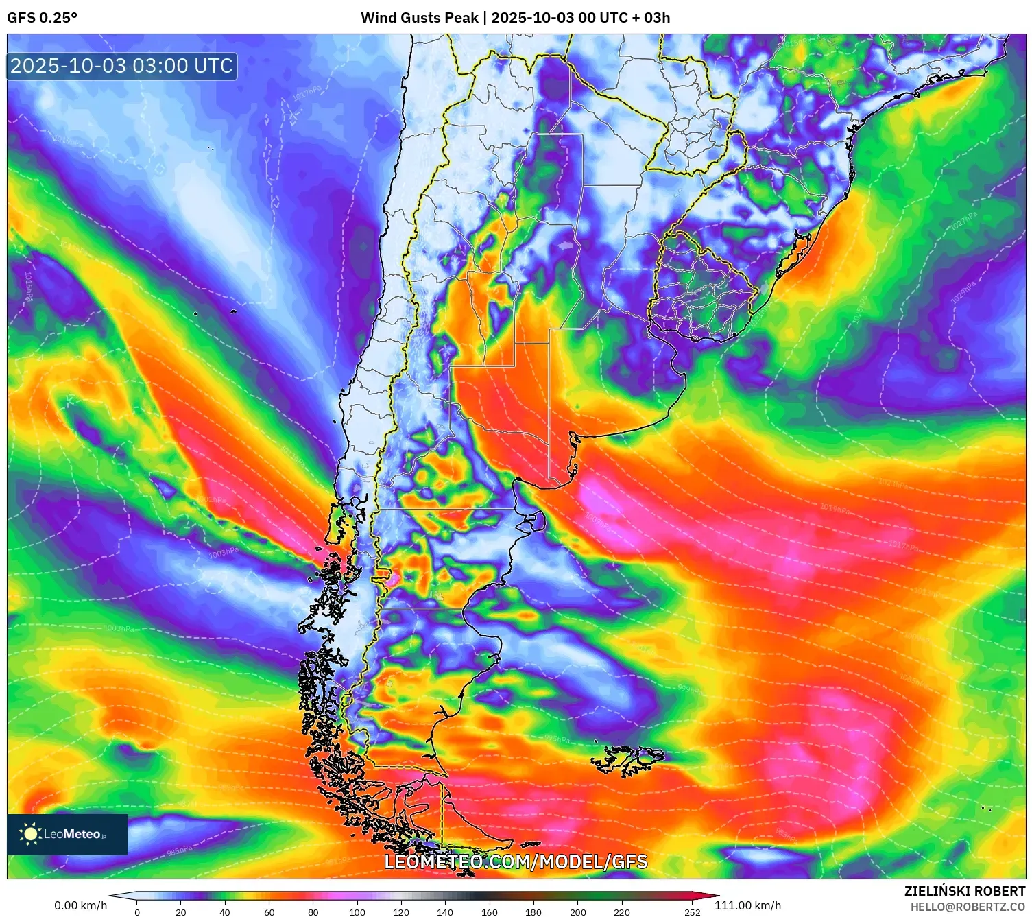 GFS model - Argentina, Wind Gusts Peak