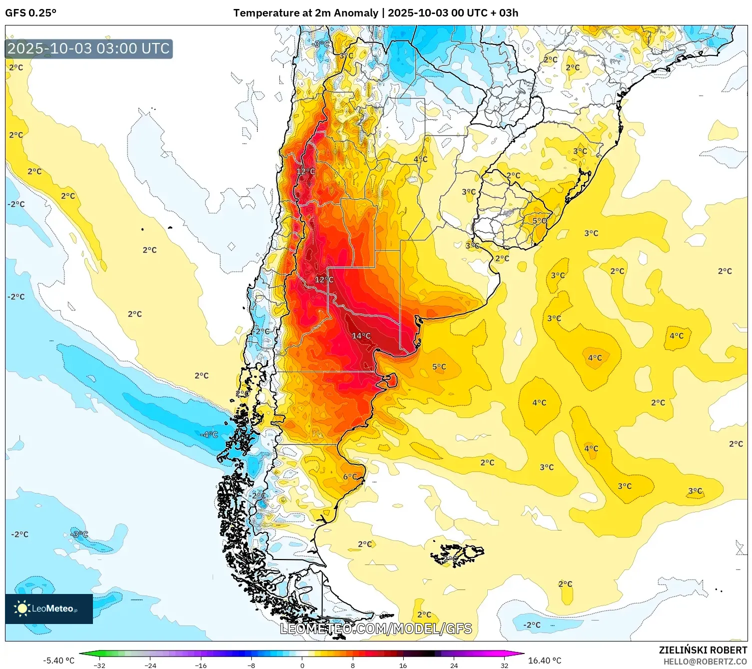 GFS model - Argentina, Temperature at 2m Anomaly