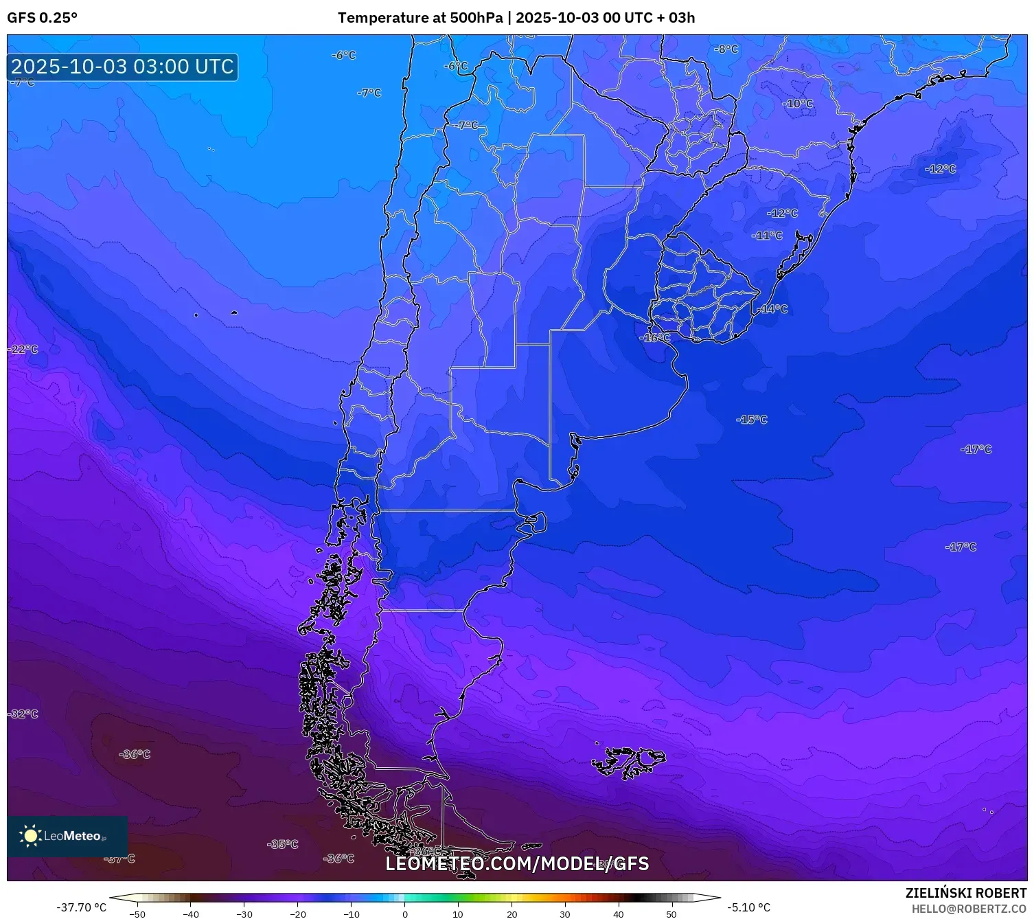 GFS model - Argentina, Temperature at 500hPa