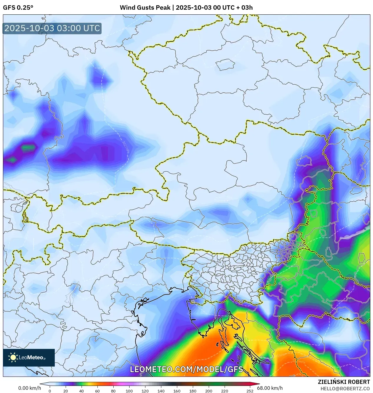 GFS model - Austria, Wind Gusts Peak