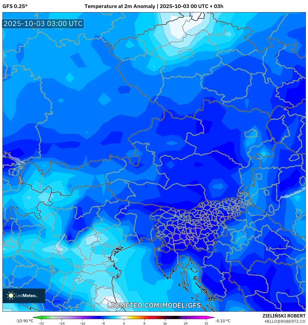GFS model - Austria, Temperature at 2m Anomaly