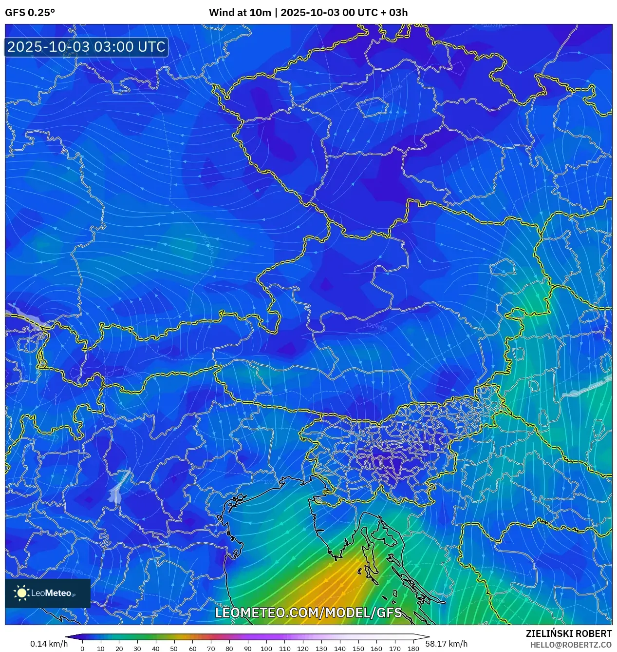 GFS model - Austria, Wind at 10m