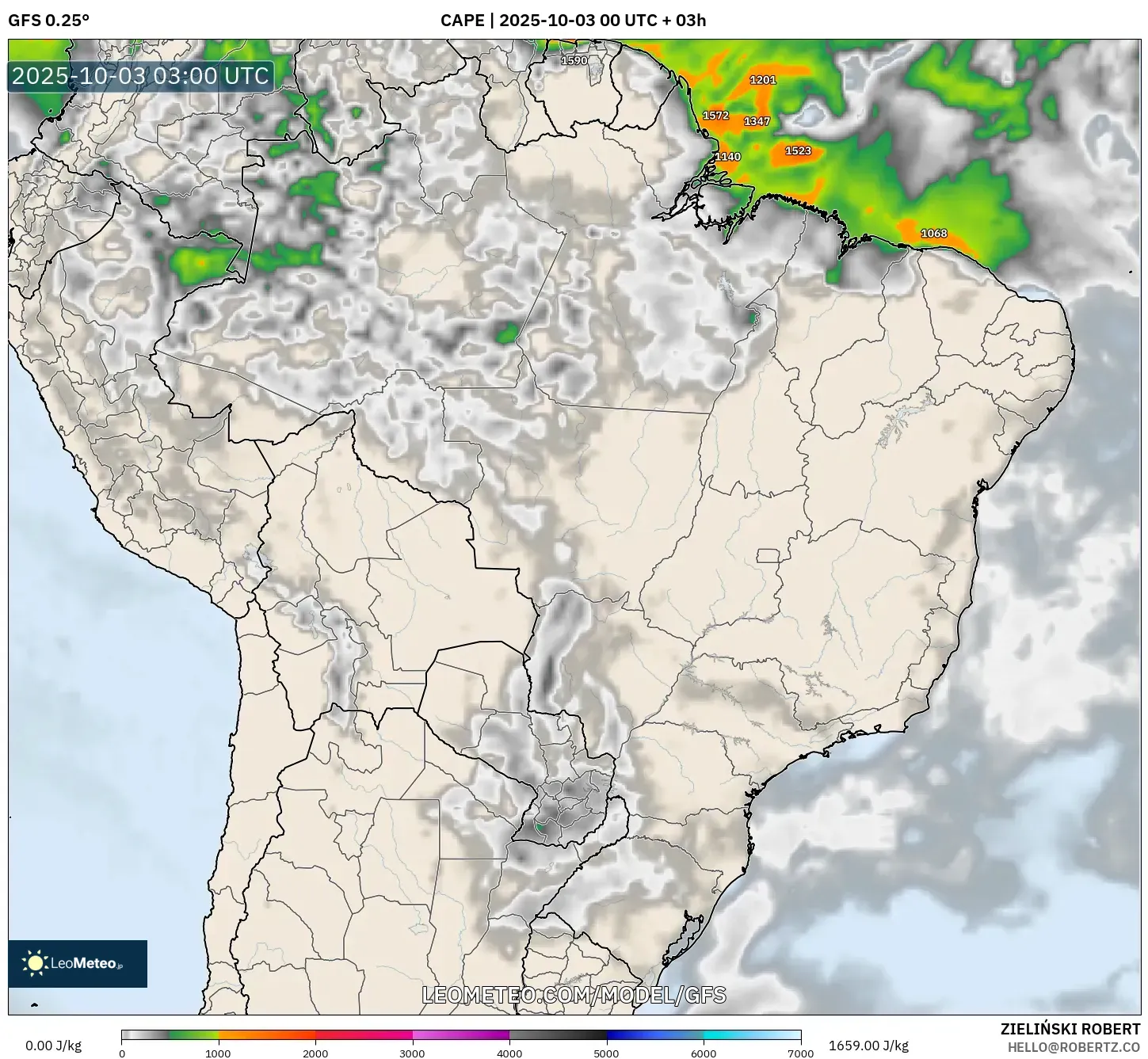 GFS model - Brazil, CAPE