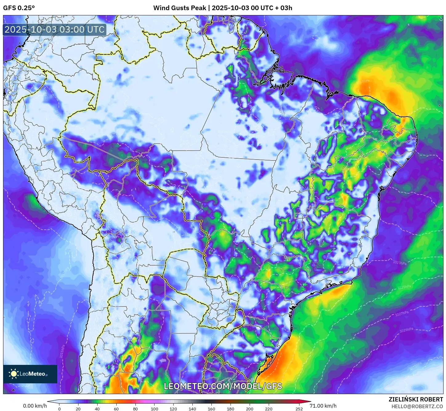 GFS model - Brazil, Wind Gusts Peak