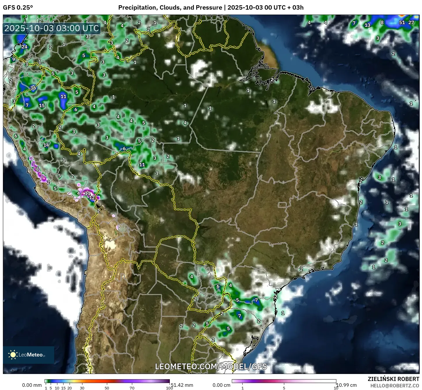 GFS model - Brazil, Precipitation, Clouds, and Pressure