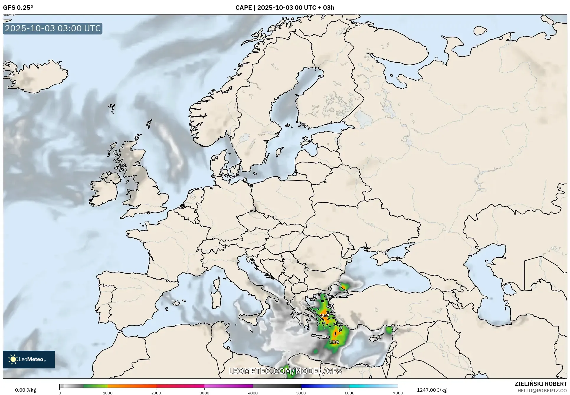 GFS model - Europe, CAPE