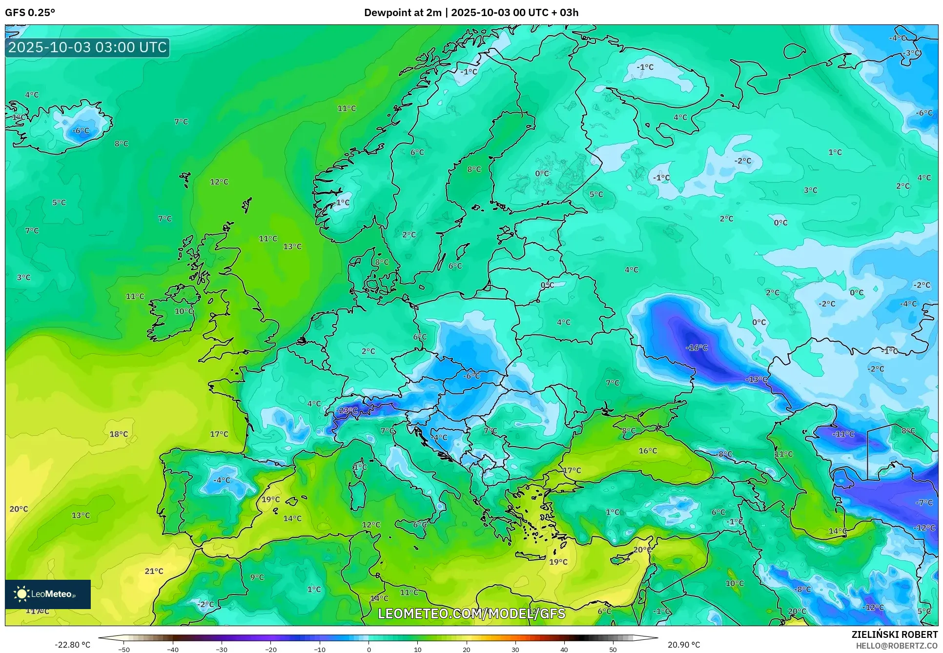 GFS model - Europe, Dewpoint at 2m