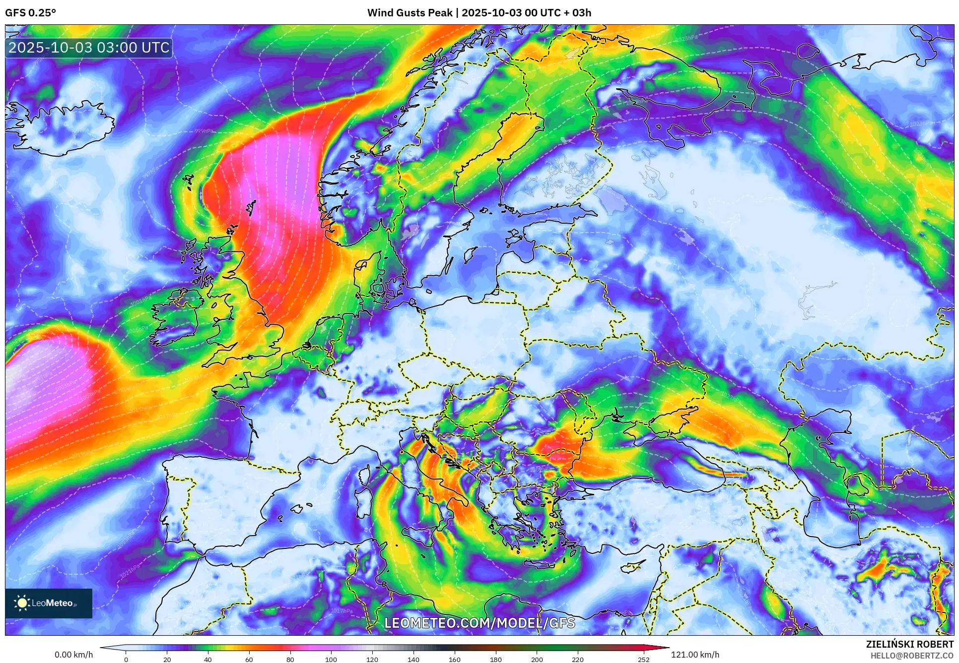 GFS model - Europe, Wind Gusts Peak
