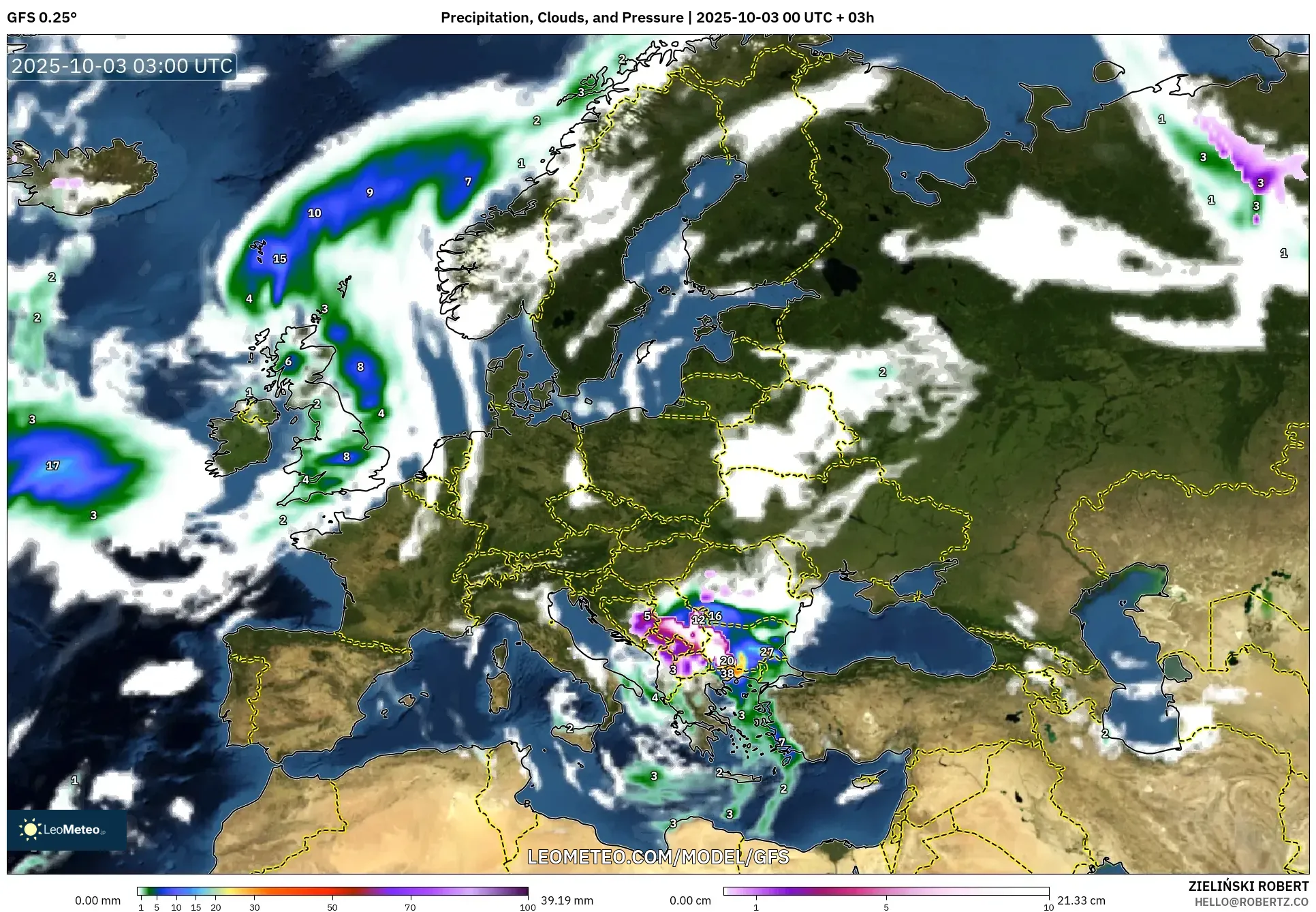 GFS model - Europe, Precipitation, Clouds, and Pressure