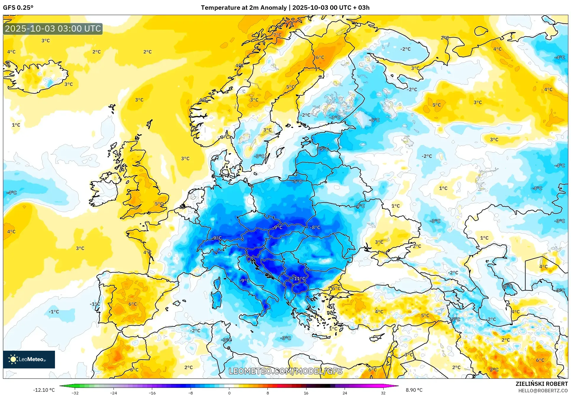 GFS model - Europe, Temperature at 2m Anomaly