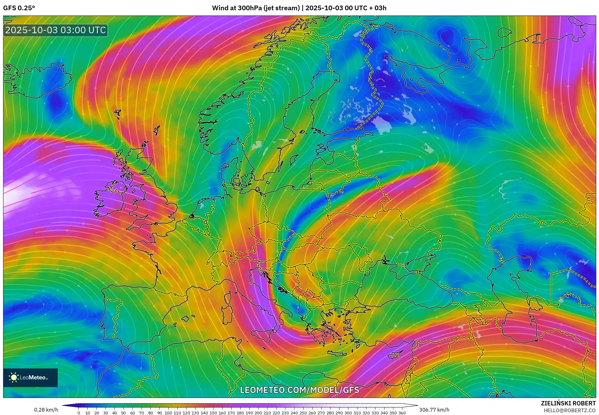 GFS model - Europe, Wind at 300hPa (jet stream)