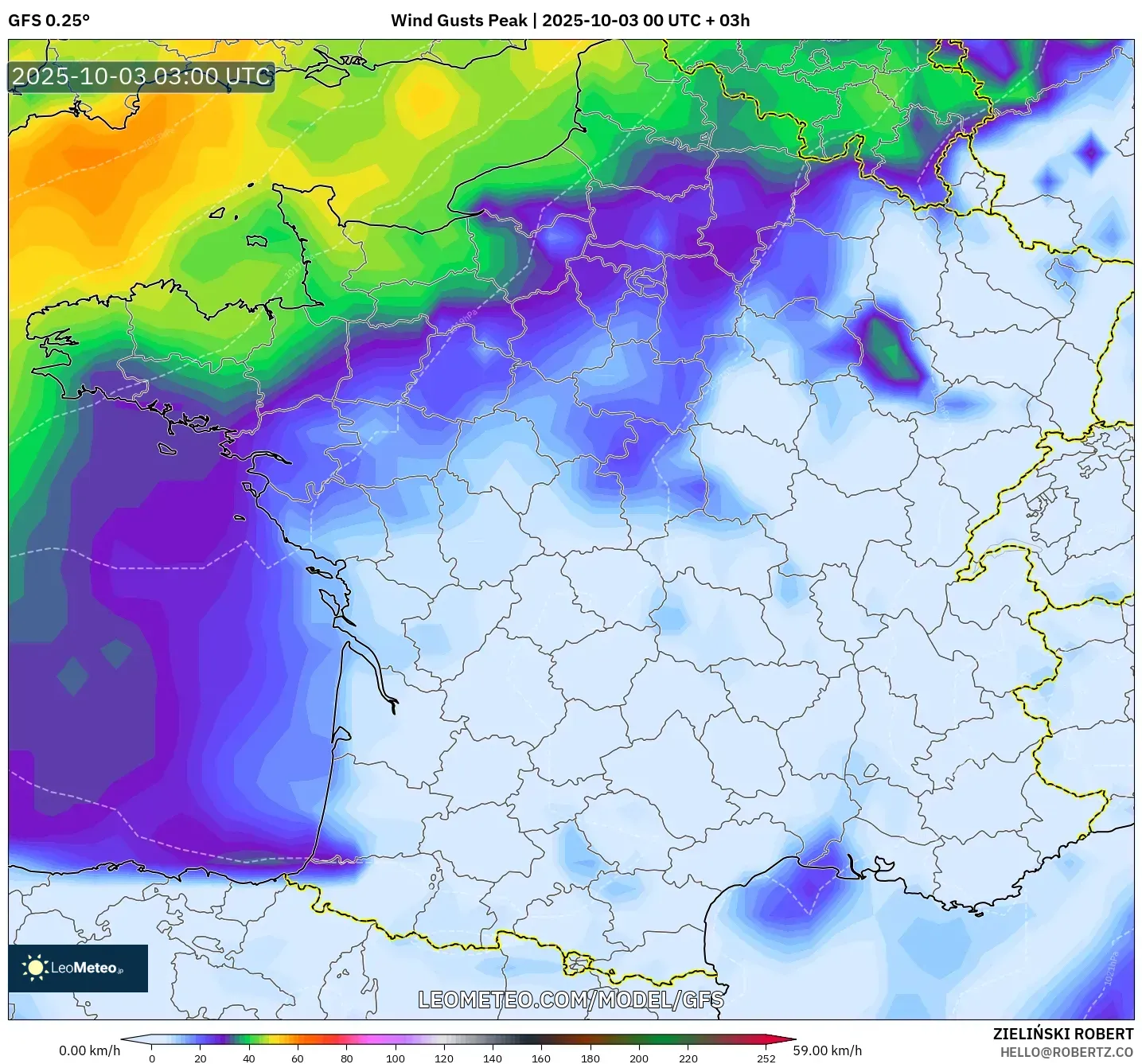 GFS model - France, Wind Gusts Peak