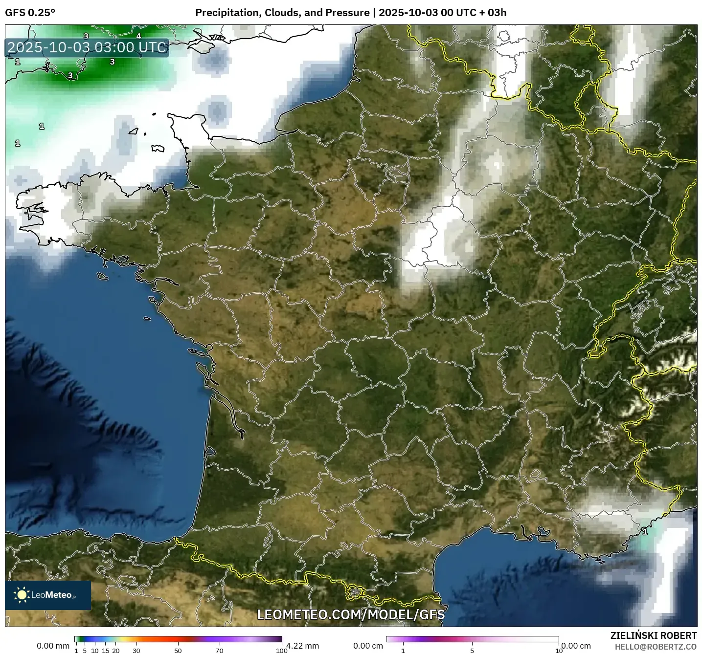 GFS model - France, Precipitation, Clouds, and Pressure
