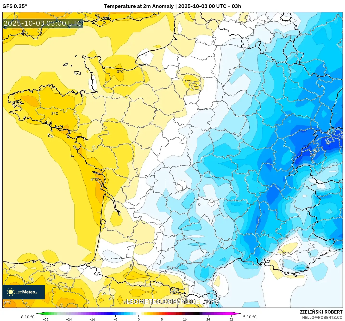 GFS model - France, Temperature at 2m Anomaly