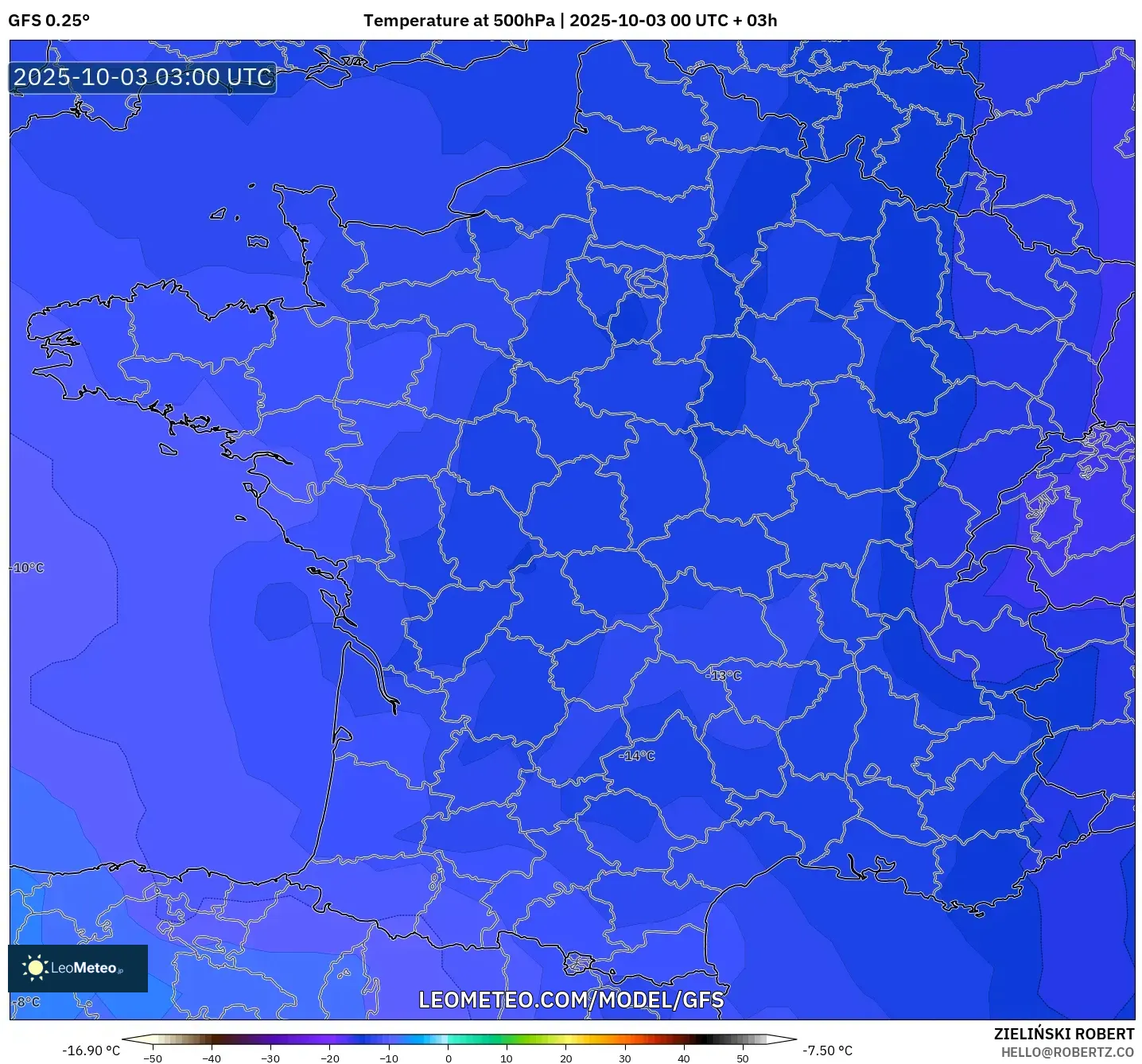 GFS model - France, Temperature at 500hPa