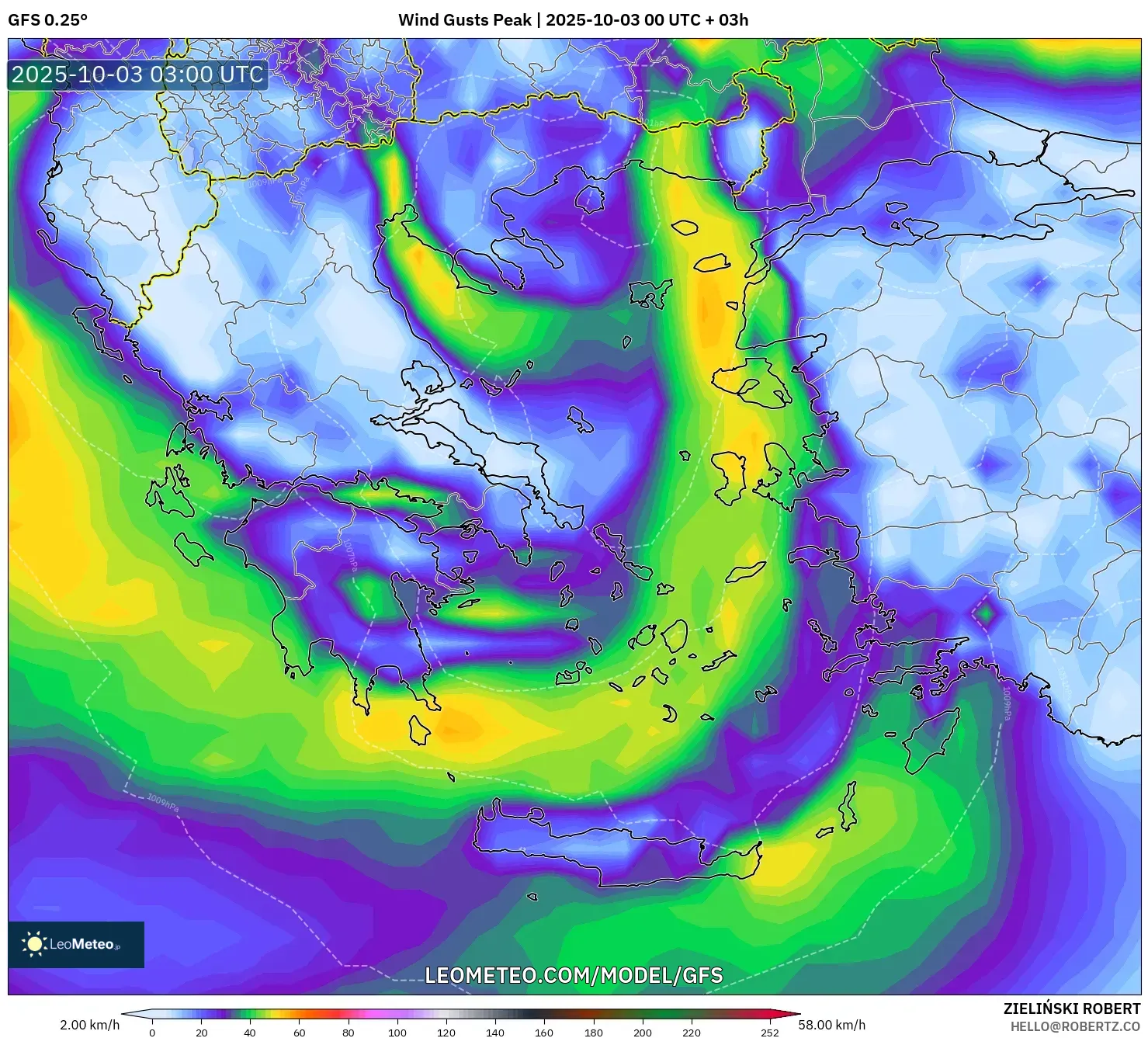 GFS model - Greece, Wind Gusts Peak