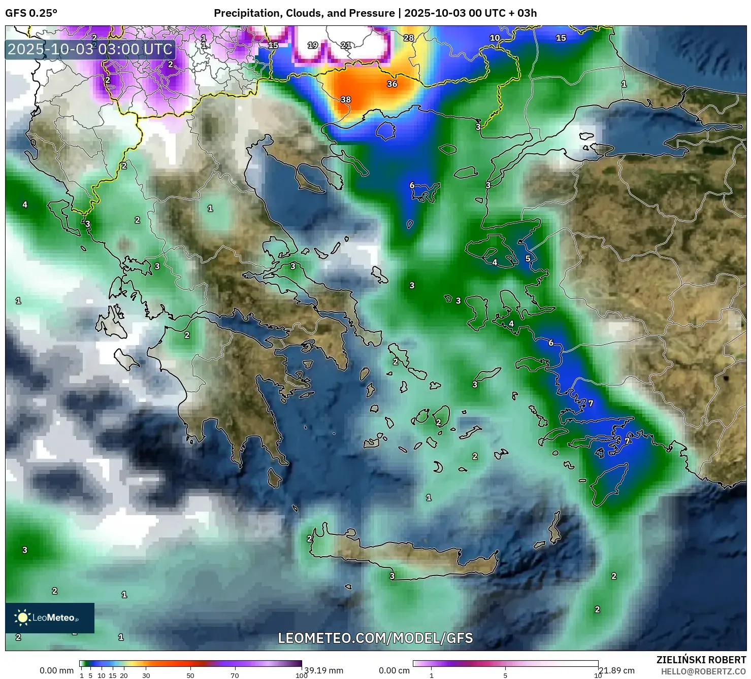 GFS model - Greece, Precipitation, Clouds, and Pressure