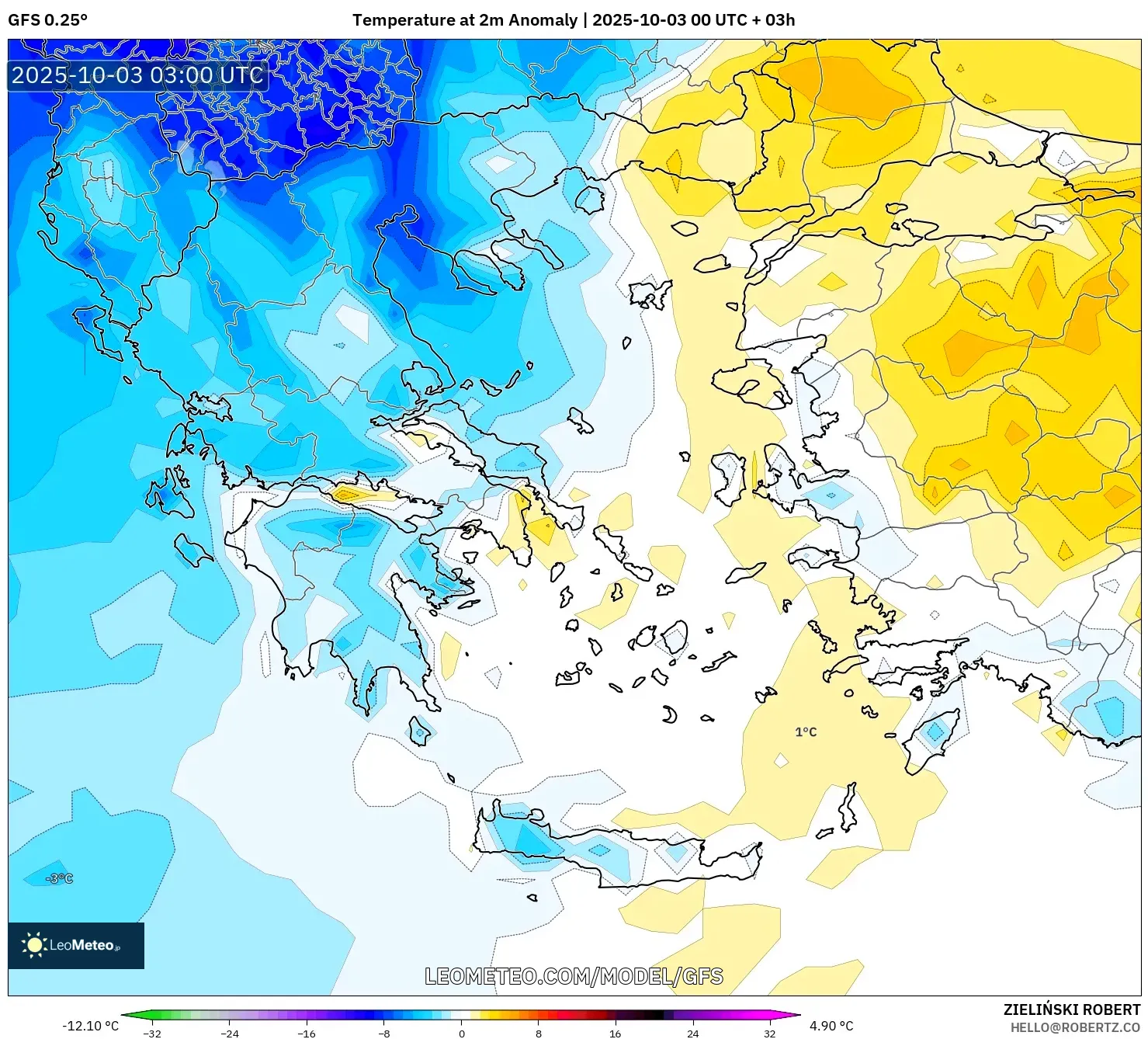 GFS model - Greece, Temperature at 2m Anomaly