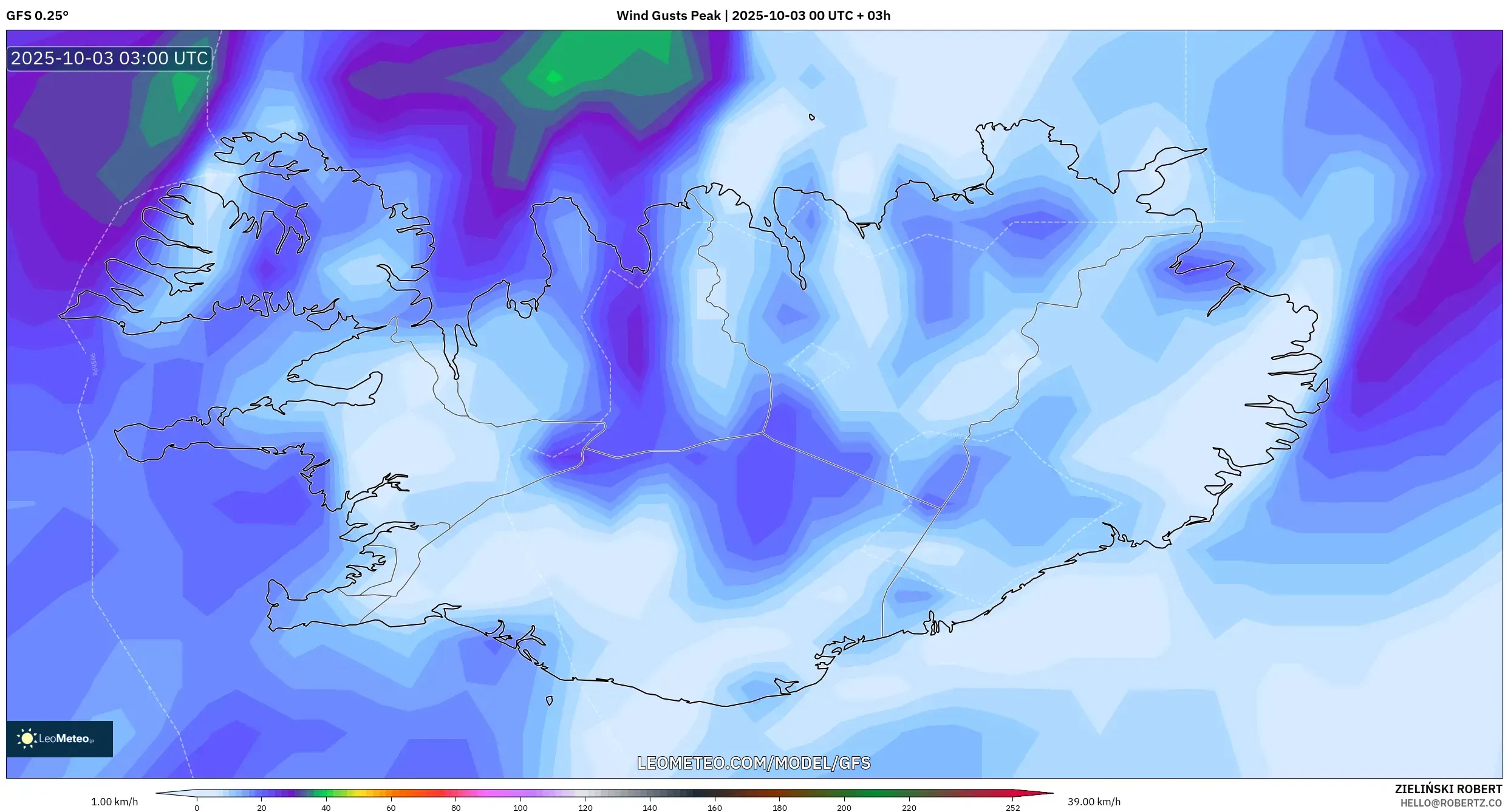 GFS model - Iceland, Wind Gusts Peak