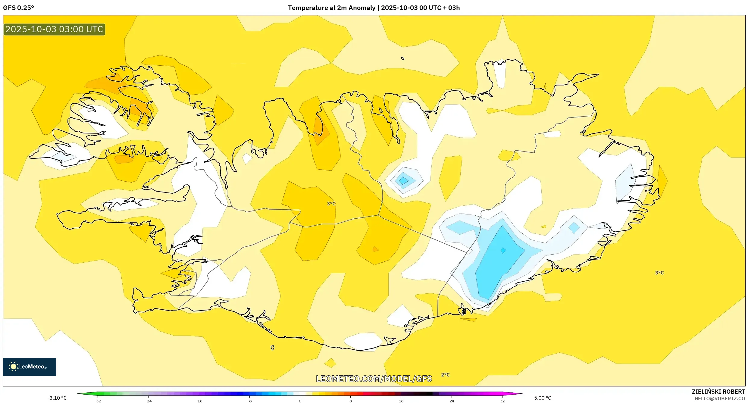 GFS model - Iceland, Temperature at 2m Anomaly