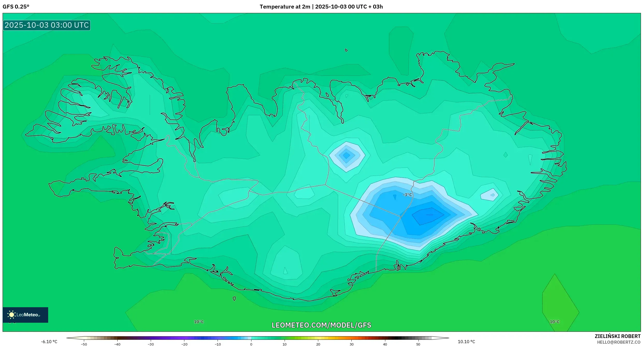 GFS model - Iceland, Temperature at 2m