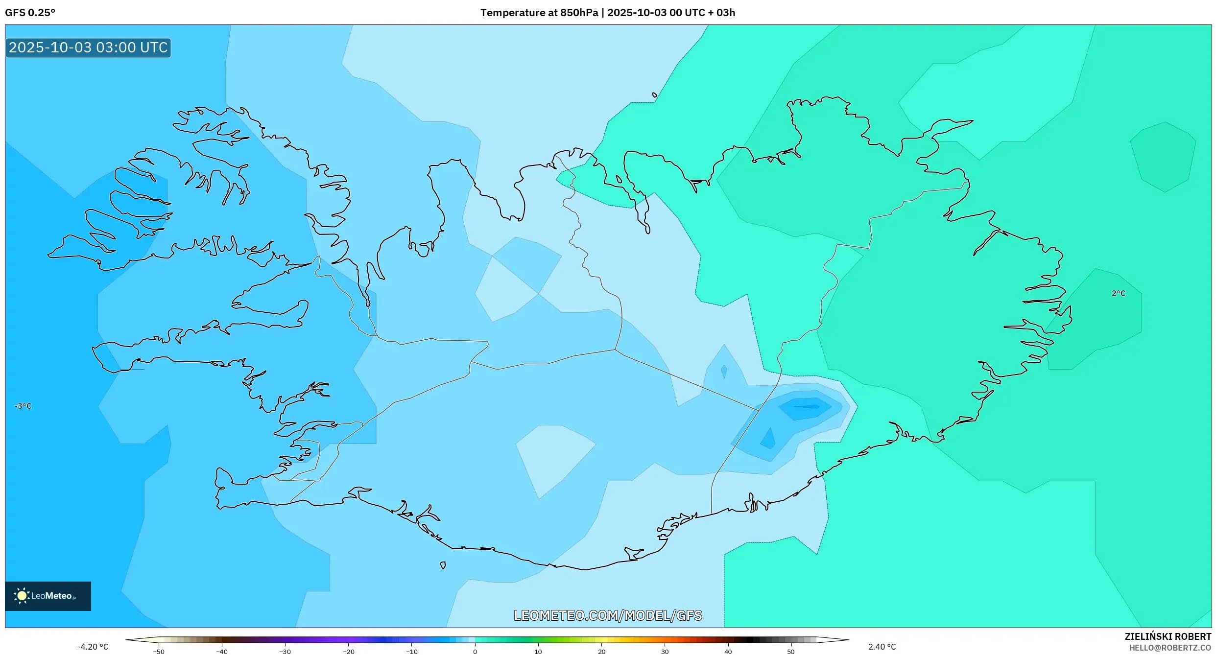 GFS model - Iceland, Temperature at 850hPa