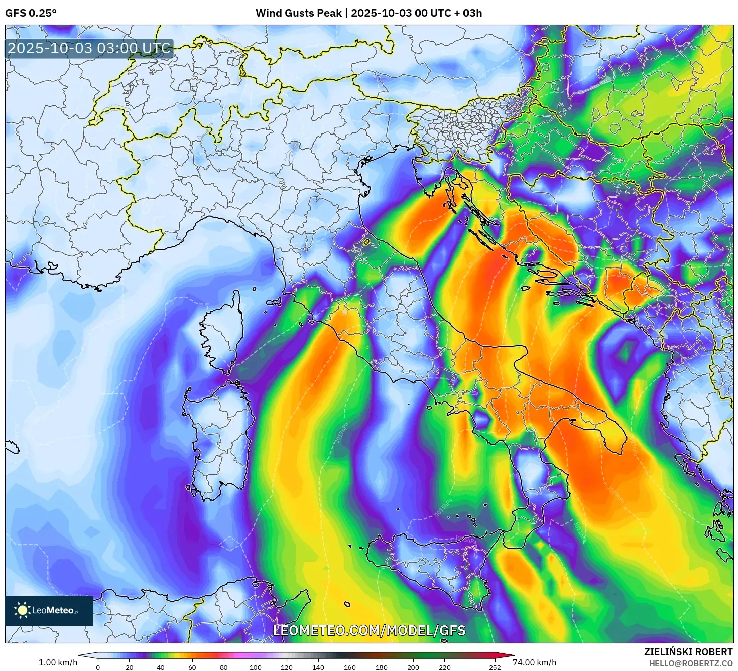 GFS model - Italy, Wind Gusts Peak