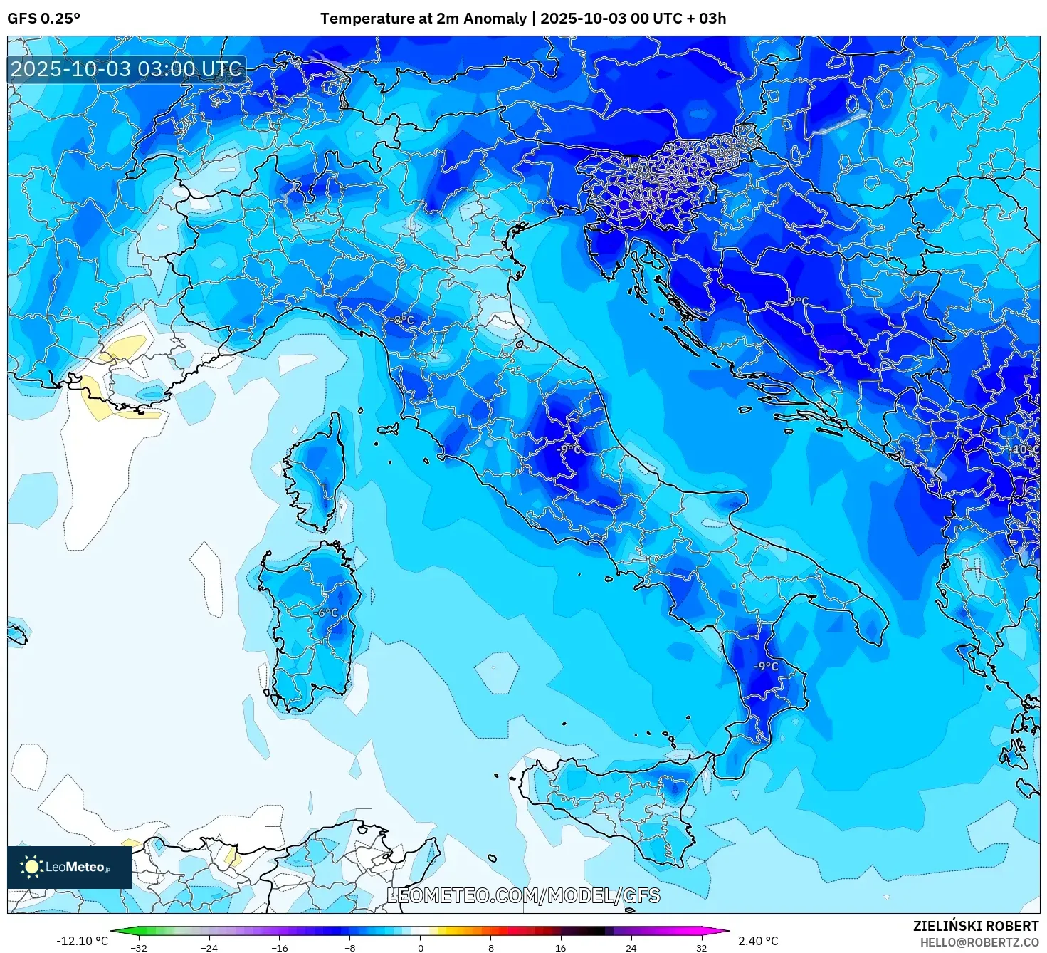 GFS model - Italy, Temperature at 2m Anomaly