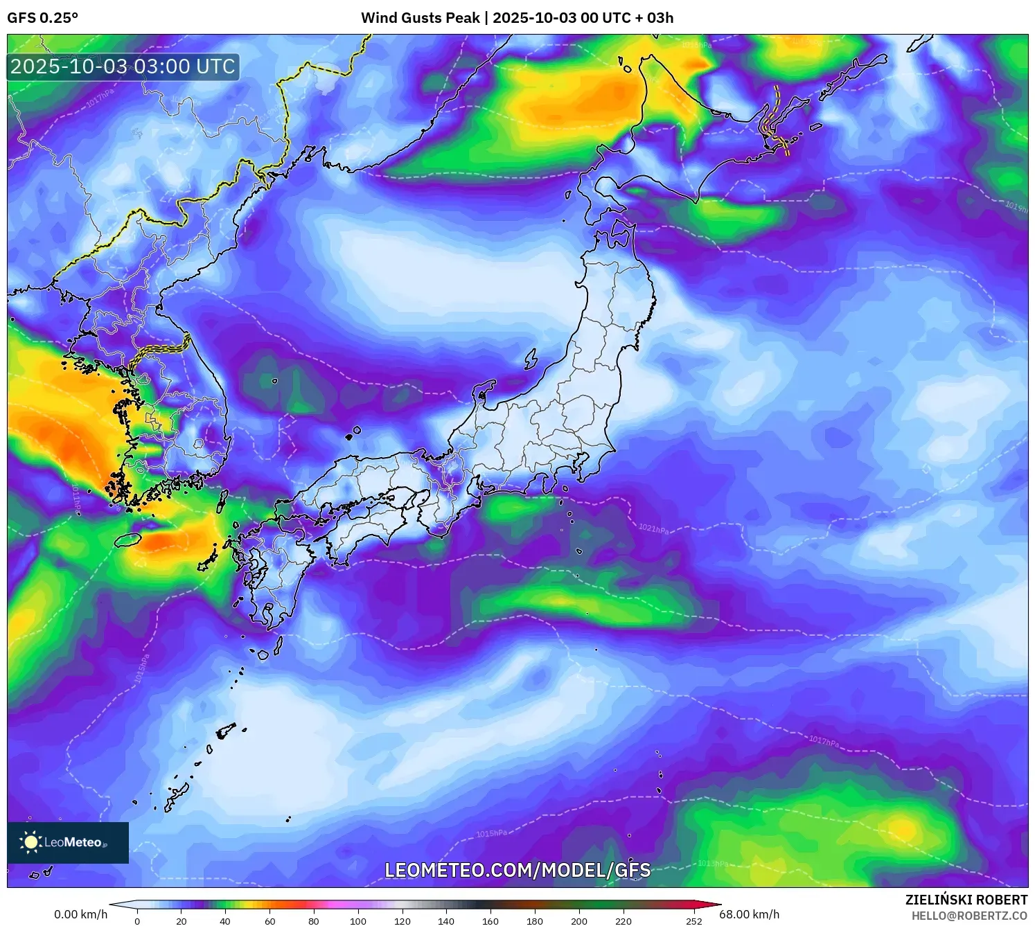 GFS model - Japan, Wind Gusts Peak